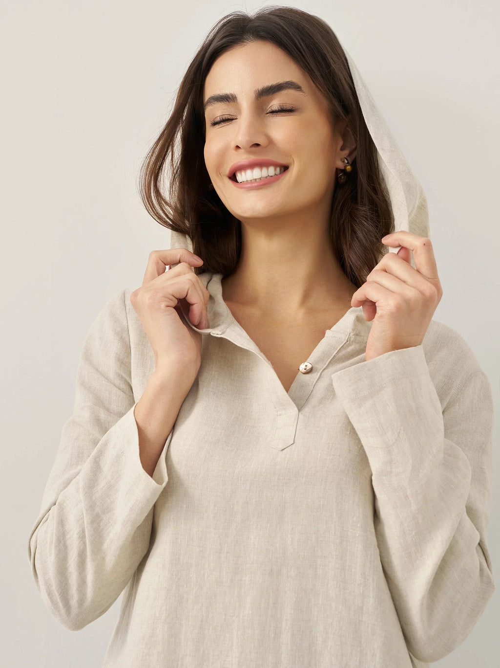 100% Linen Hooded Pullover Midi Dress REBECCA