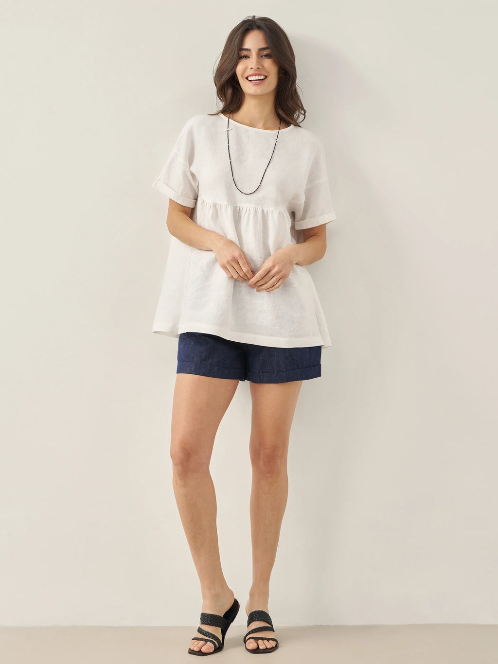 100% Linen Round Neck Pleated Pullover Top QUINLAN