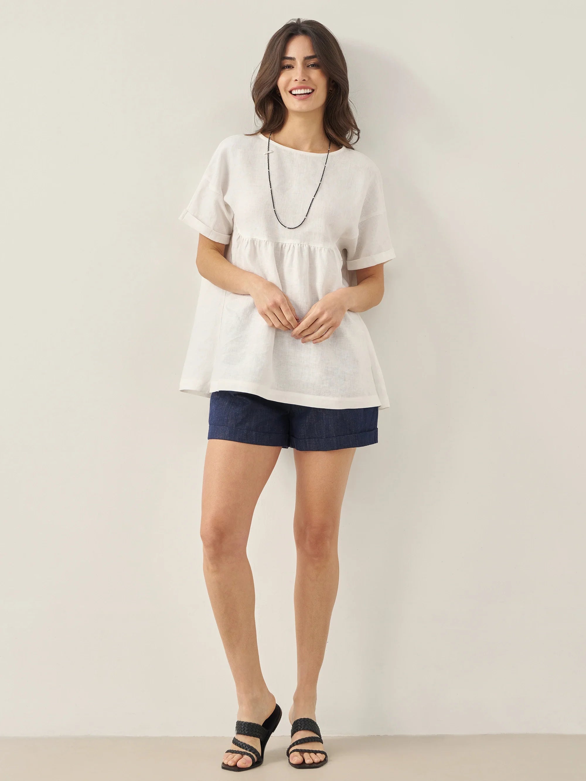100% Linen Round Neck Pleated Pullover Top QUINLAN