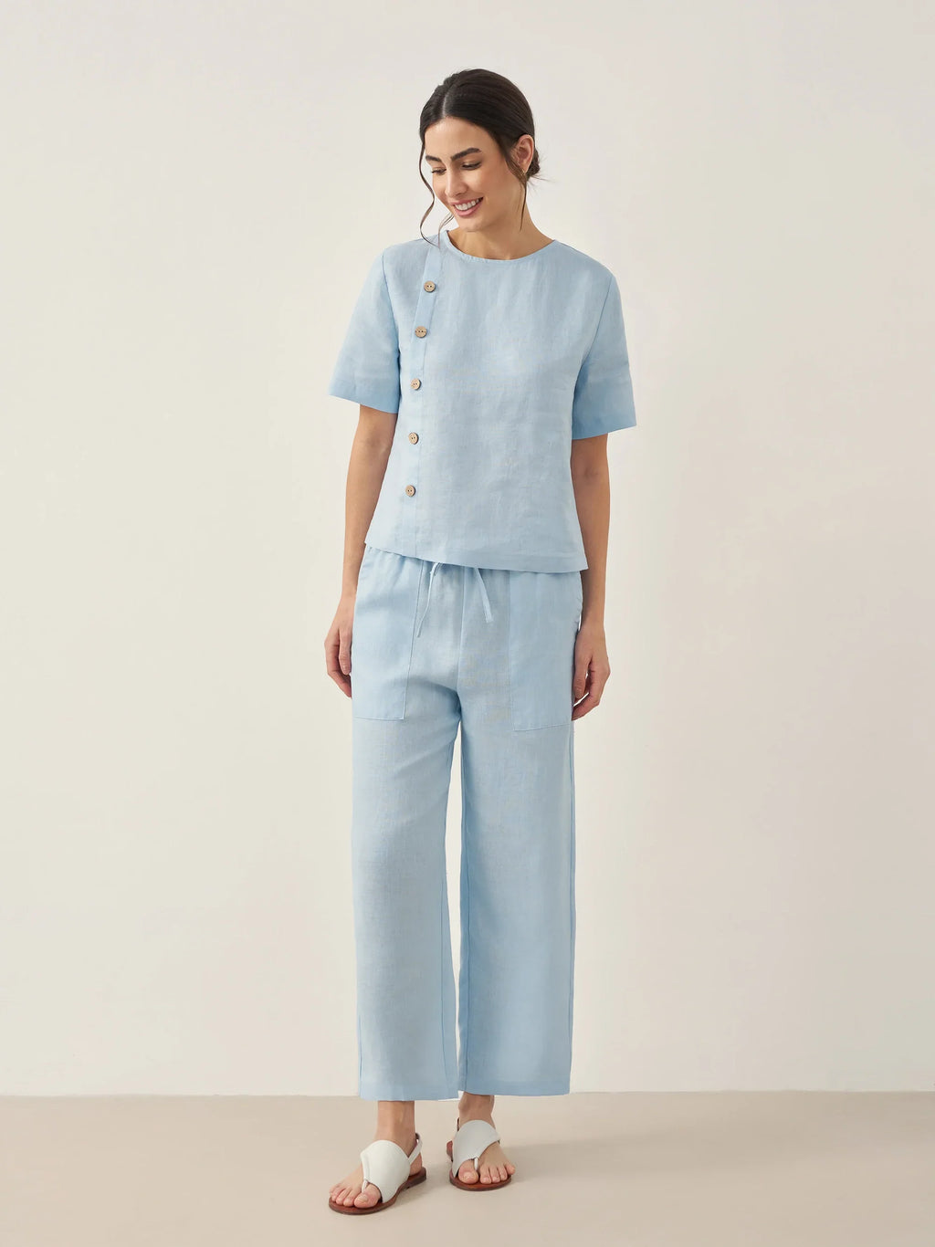 100% Linen Short-Sleeve Round Neck Button Detail Top & Pants Set JOSIE