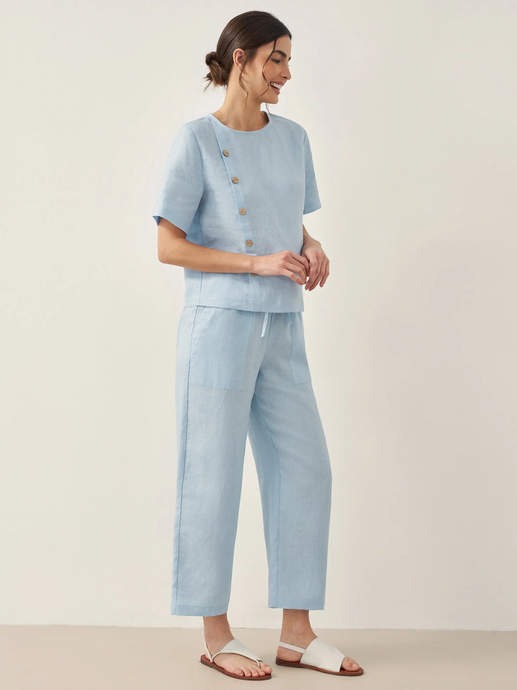 100% Linen Short-Sleeve Round Neck Button Detail Top & Pants Set JOSIE