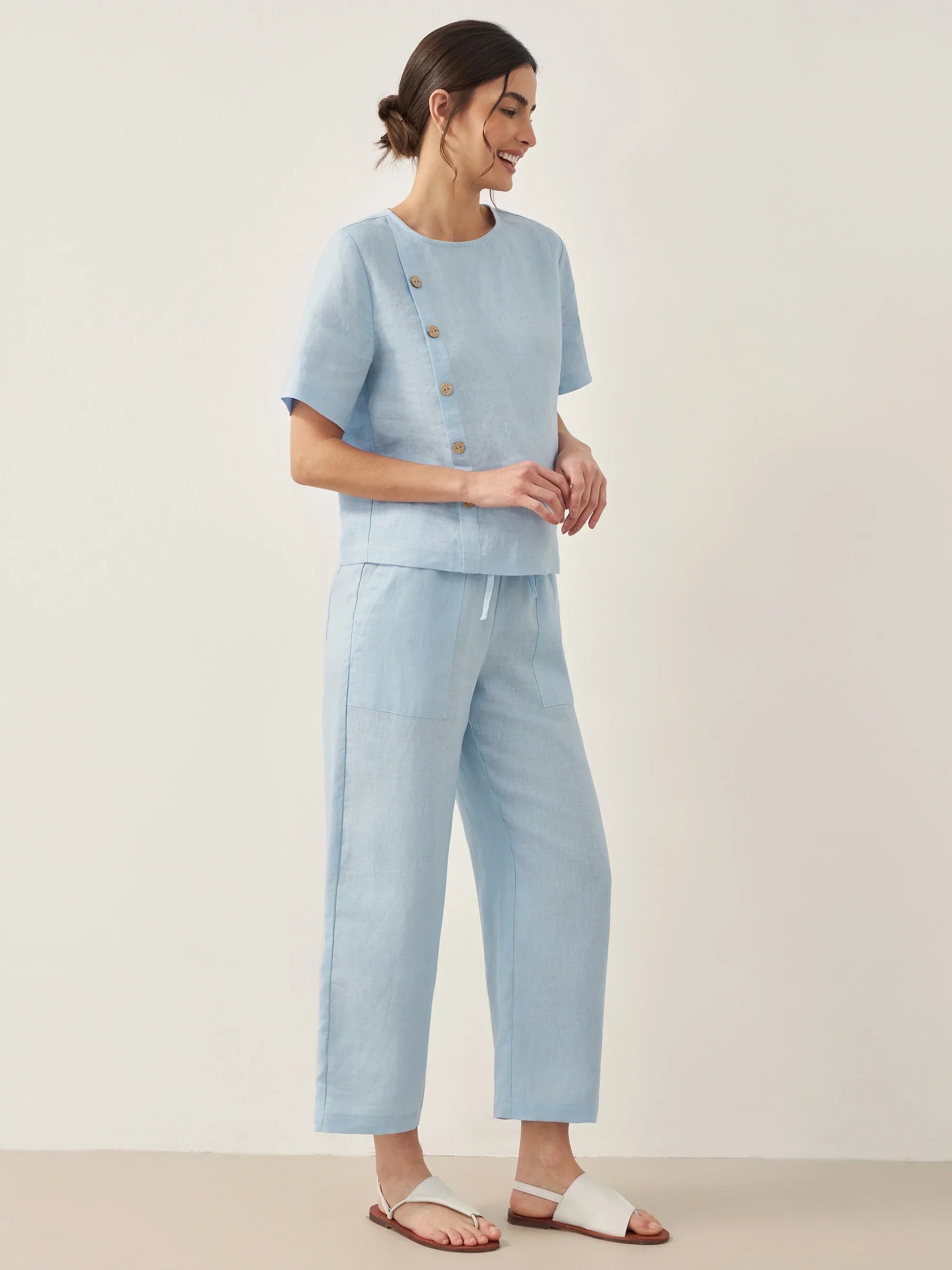 100% Linen Short-Sleeve Round Neck Button Detail Top & Pants Set JOSIE