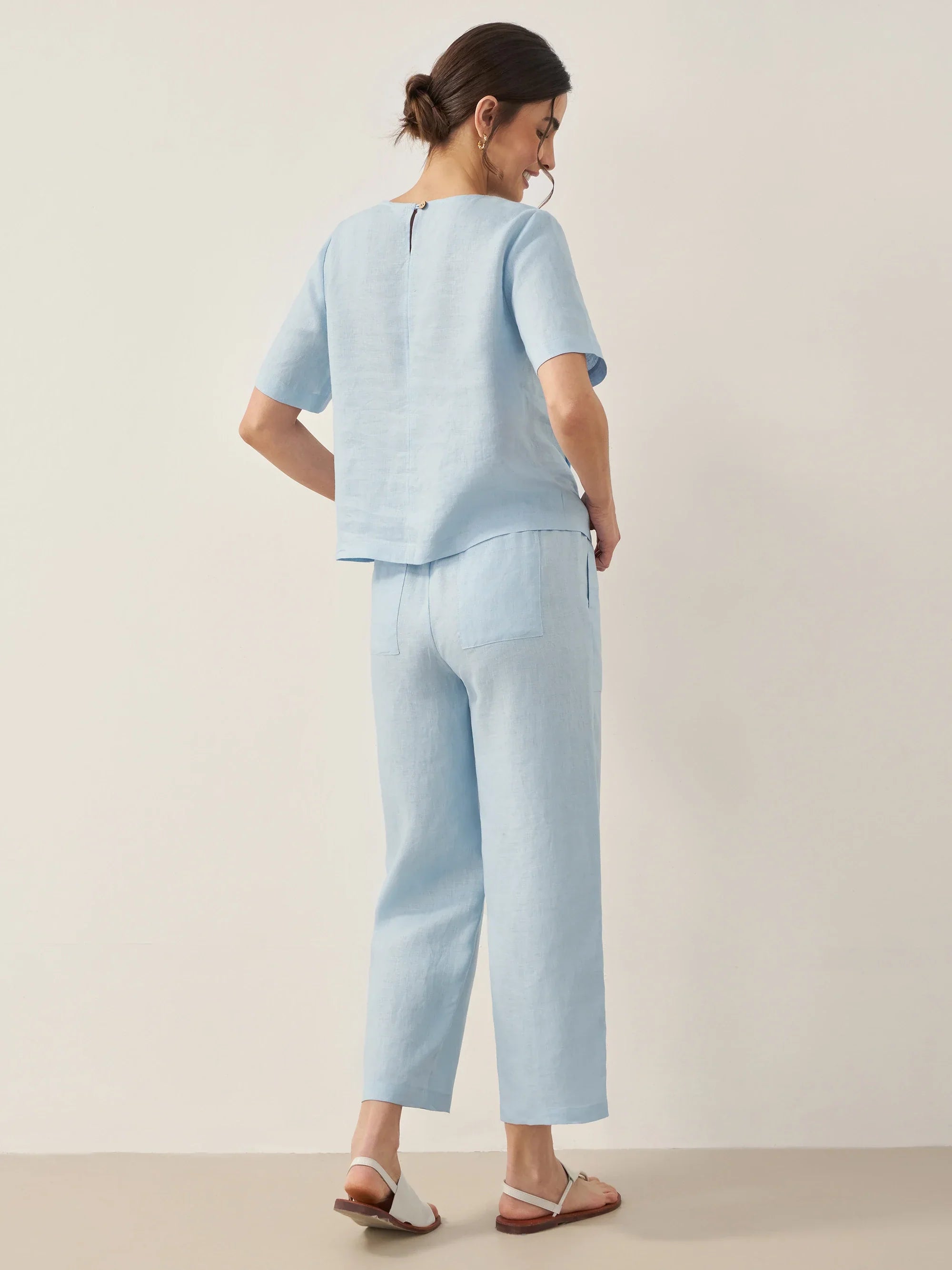 100% Linen Short-Sleeve Round Neck Button Detail Top & Pants Set JOSIE