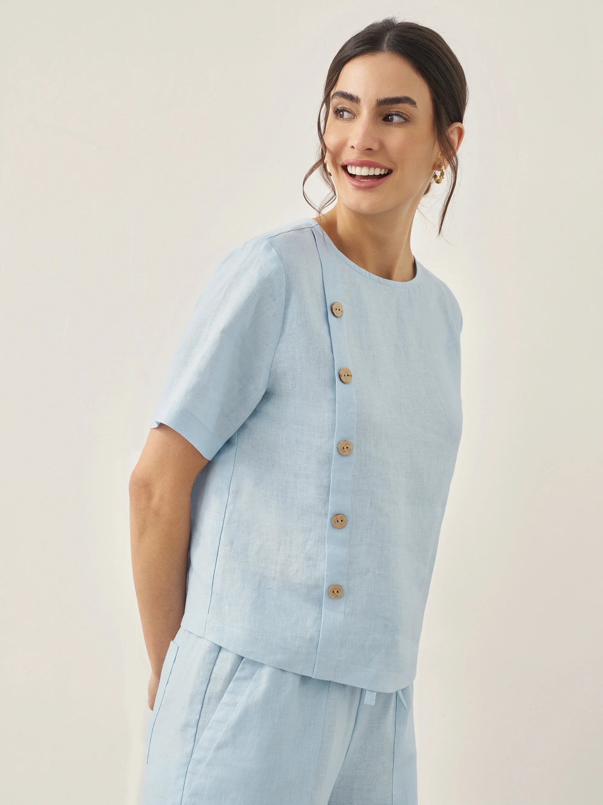 100% Linen Short-Sleeve Round Neck Button Detail Top & Pants Set JOSIE