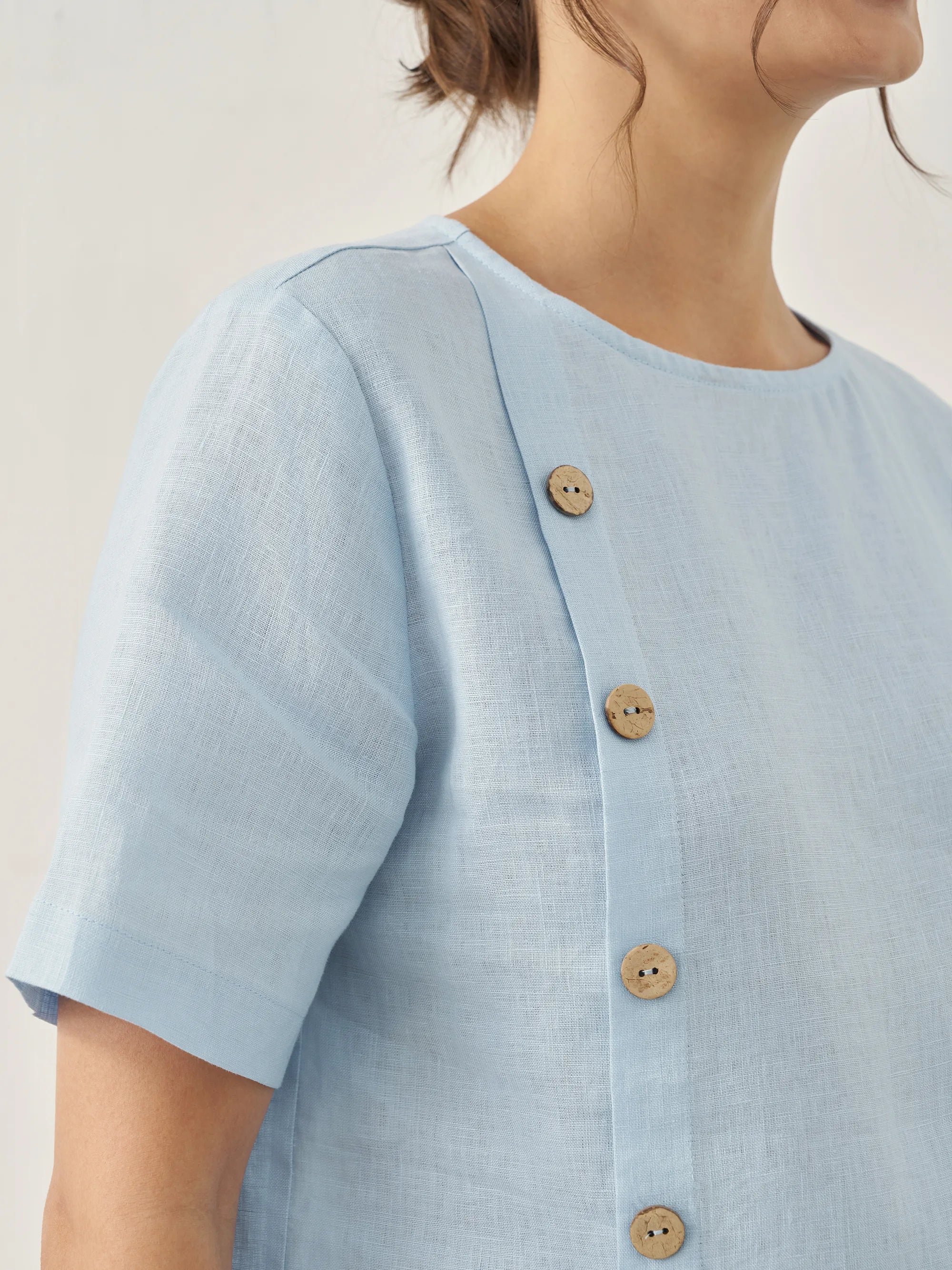100% Linen Short-Sleeve Round Neck Button Detail Top & Pants Set JOSIE