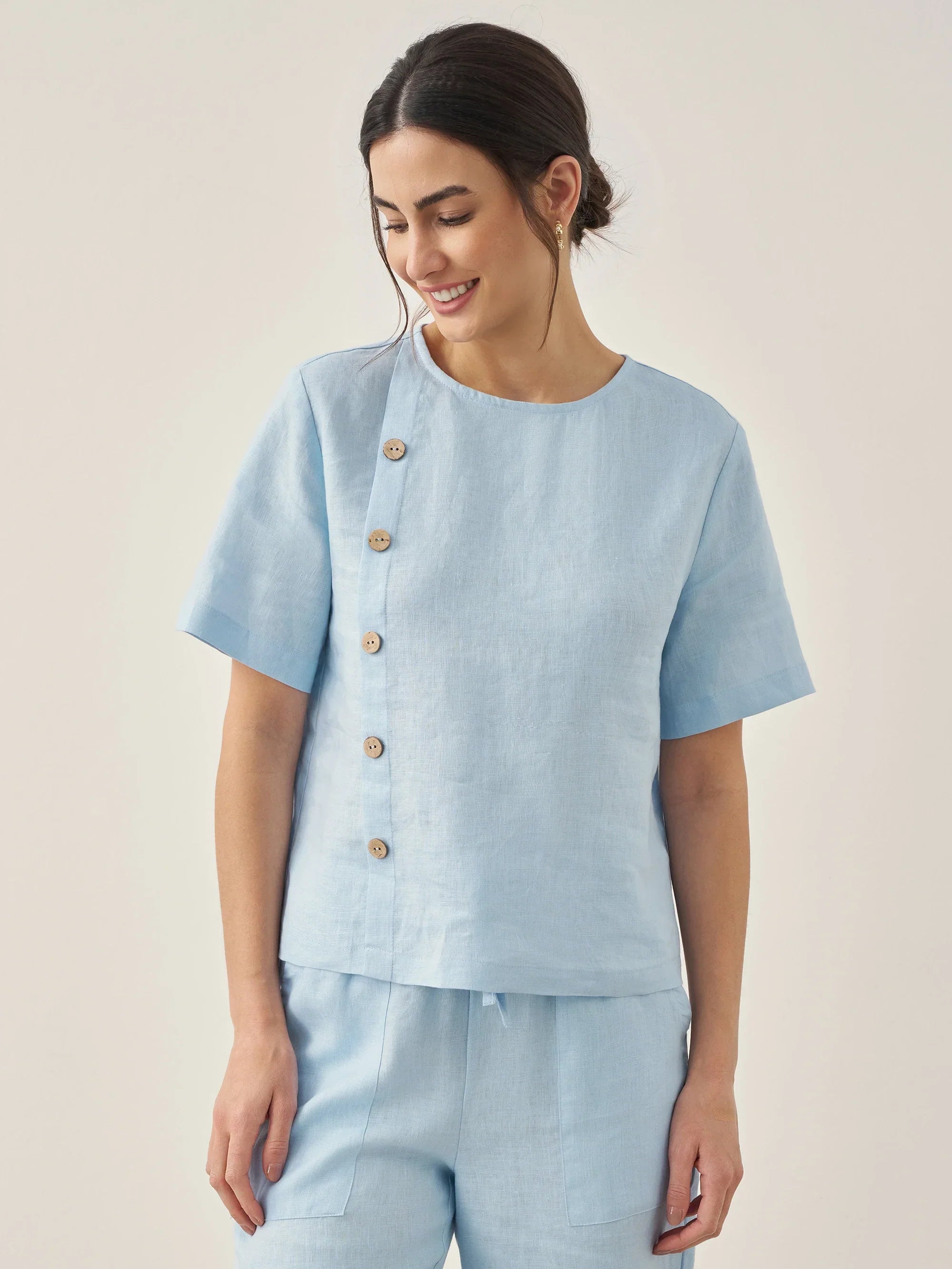 100% Linen Short-Sleeve Round Neck Button Detail Top & Pants Set JOSIE