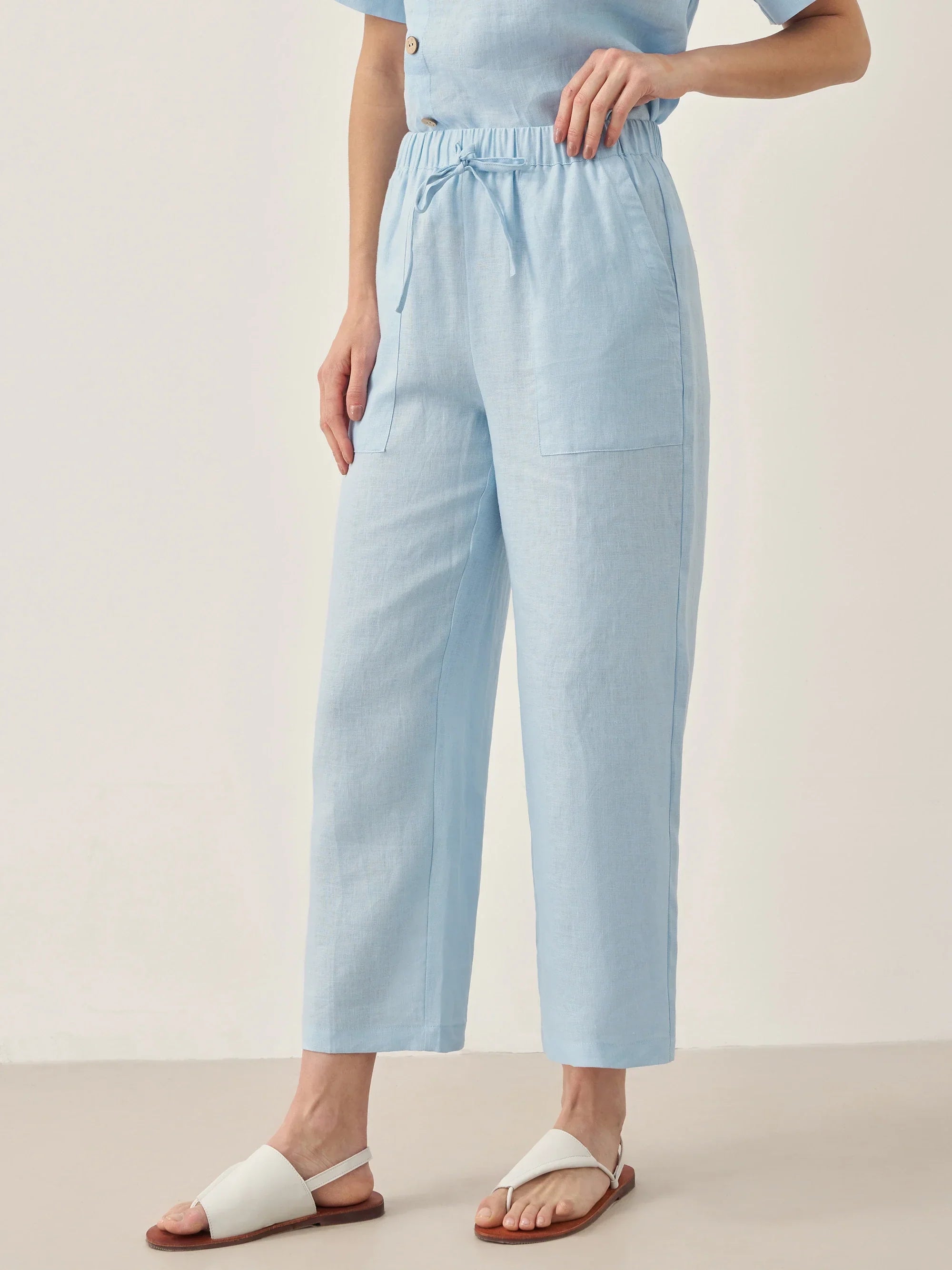 100% Linen Short-Sleeve Round Neck Button Detail Top & Pants Set JOSIE