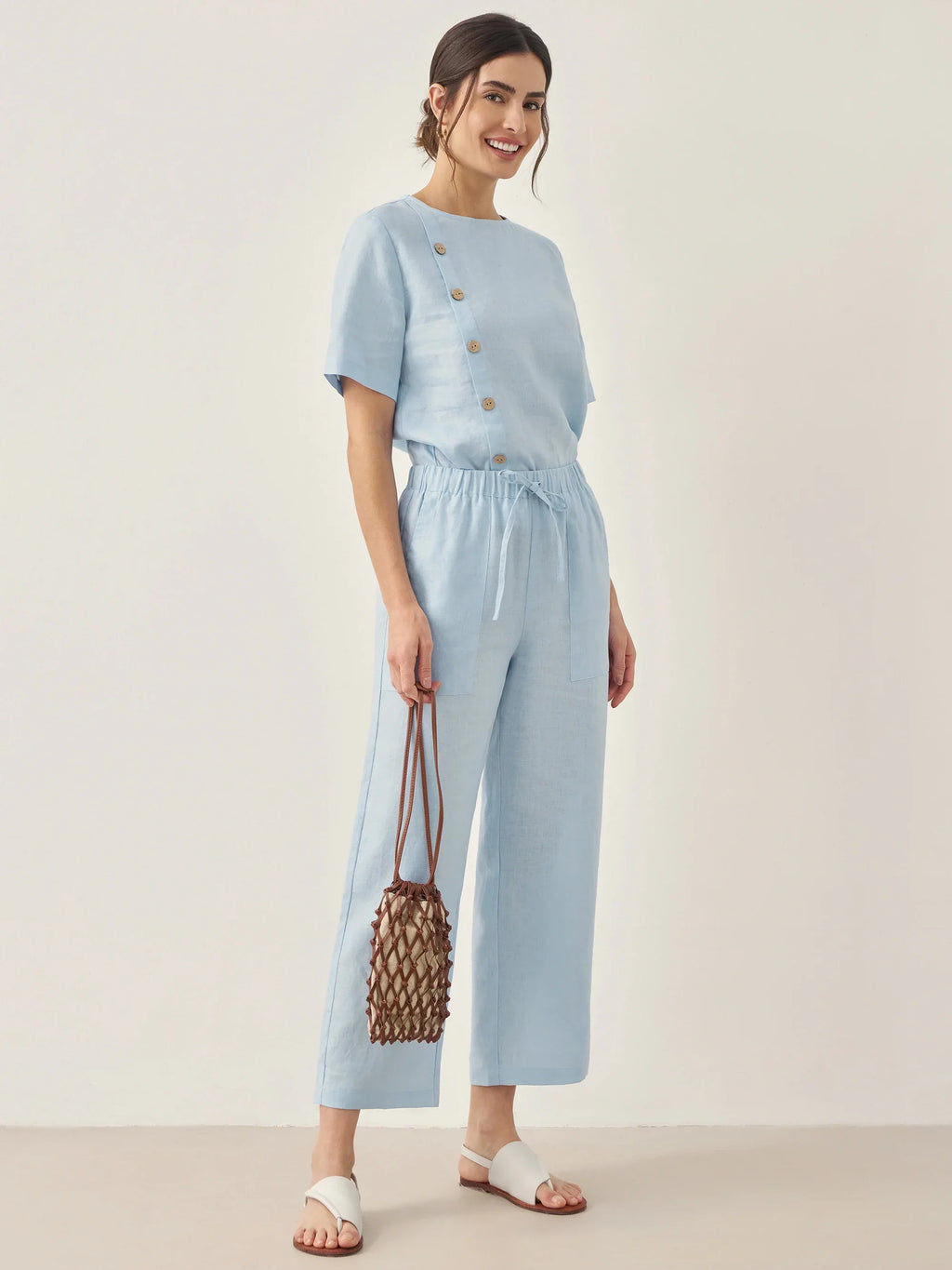 100% Linen Short-Sleeve Round Neck Button Detail Top & Pants Set JOSIE