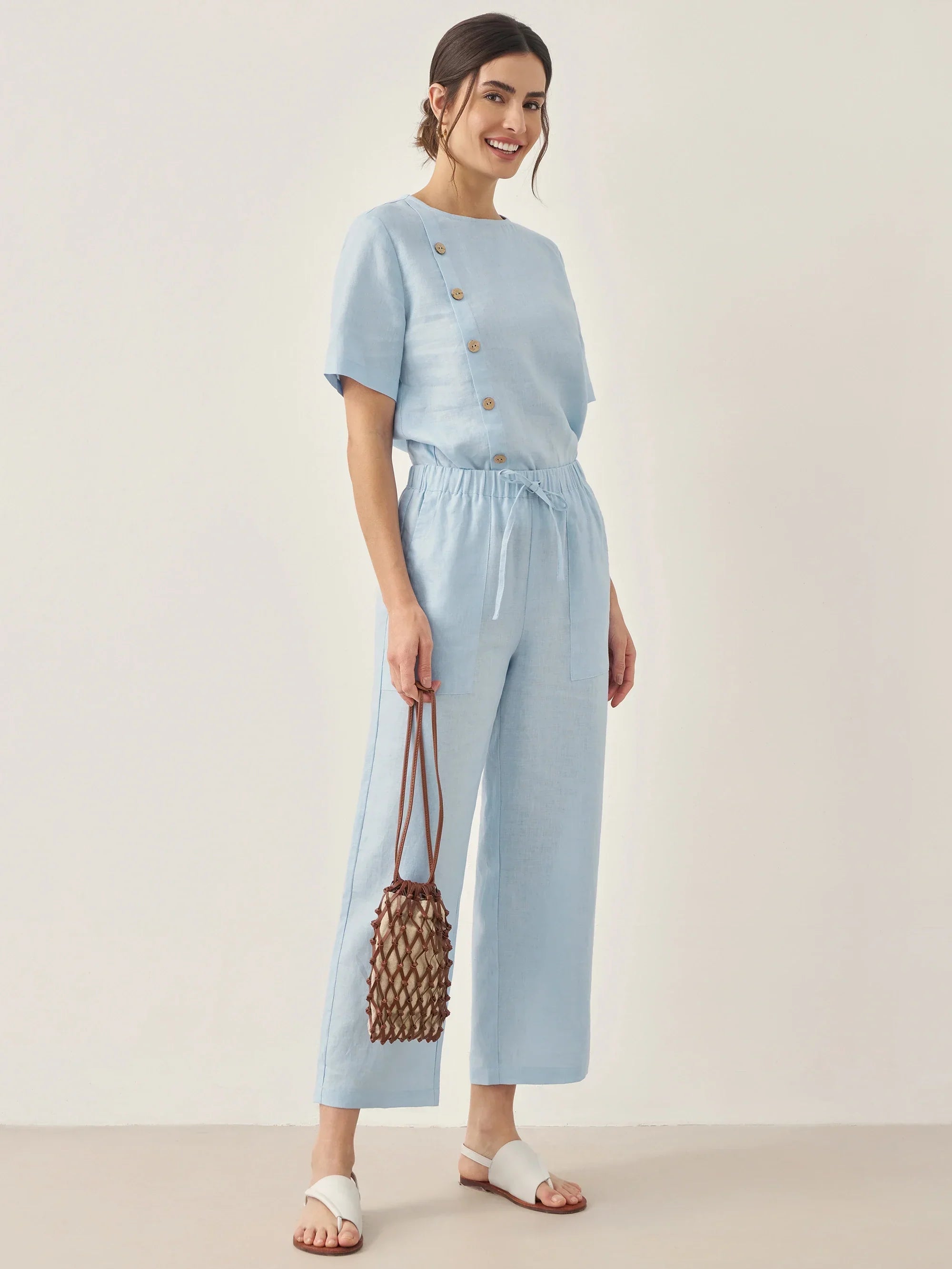 100% Linen Short-Sleeve Round Neck Button Detail Top & Pants Set JOSIE