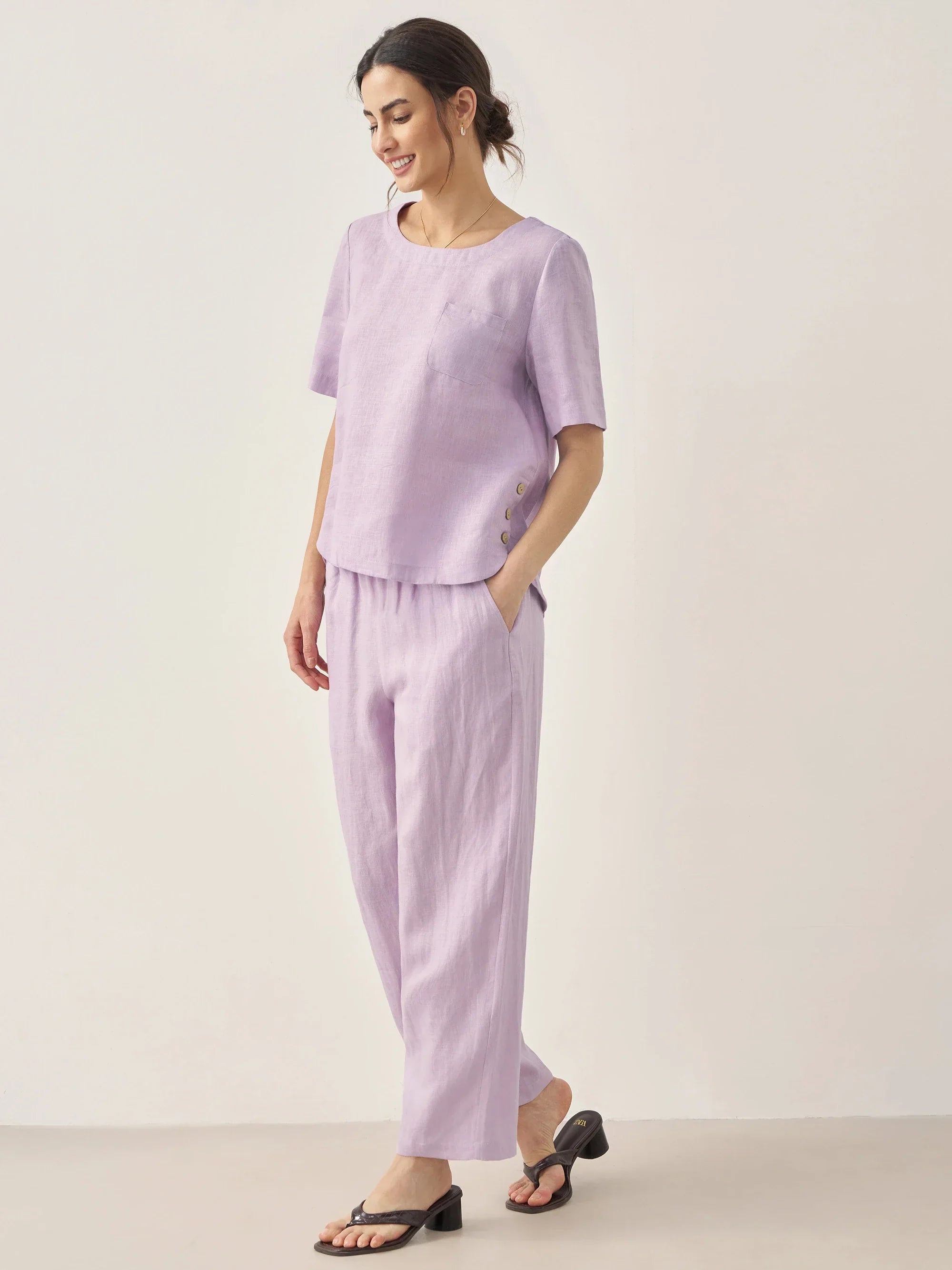 100% Linen Short-Sleeve Round Neck Button Detail Top & Pants Set SASHA