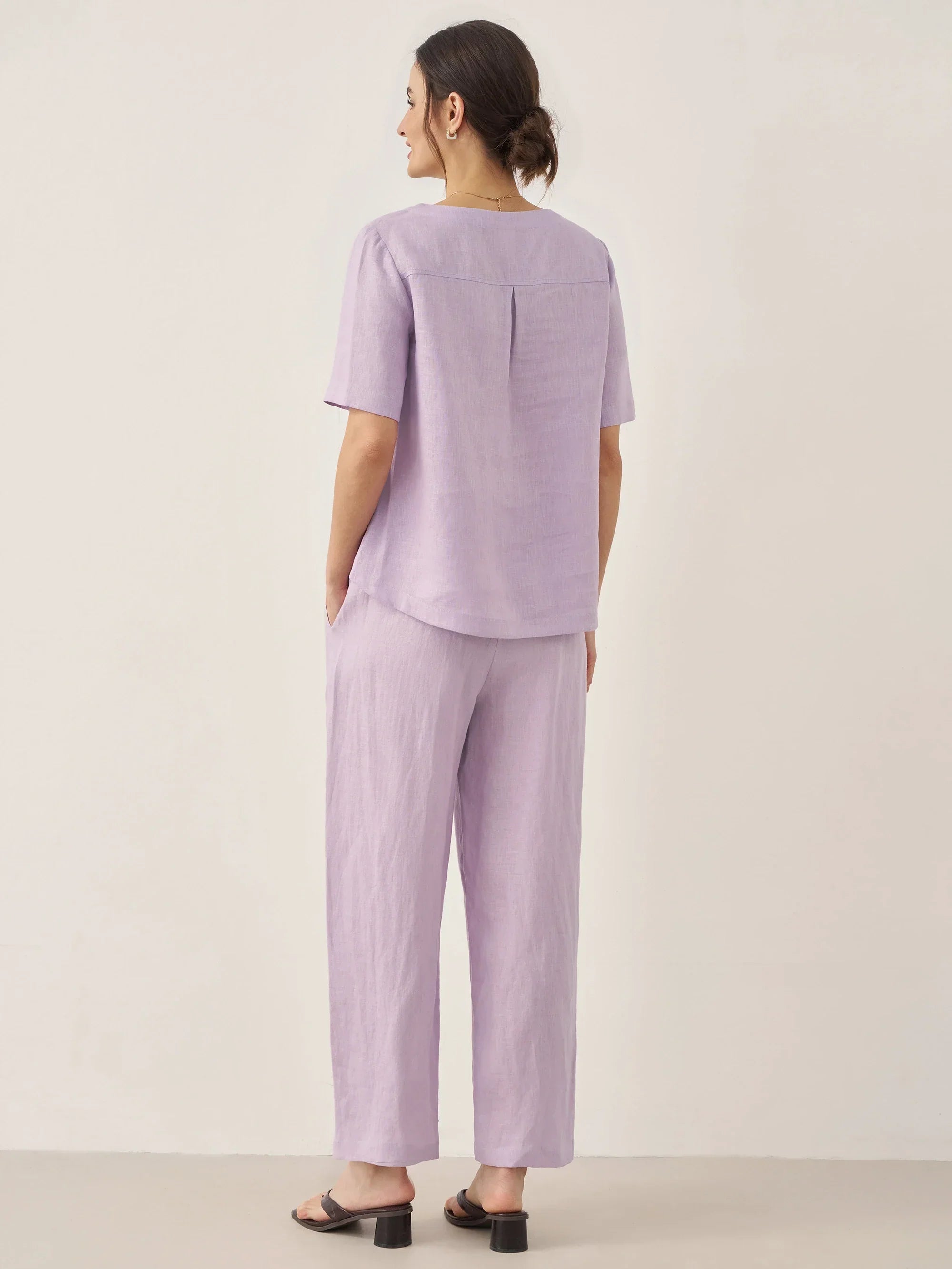 100% Linen Short-Sleeve Round Neck Button Detail Top & Pants Set SASHA