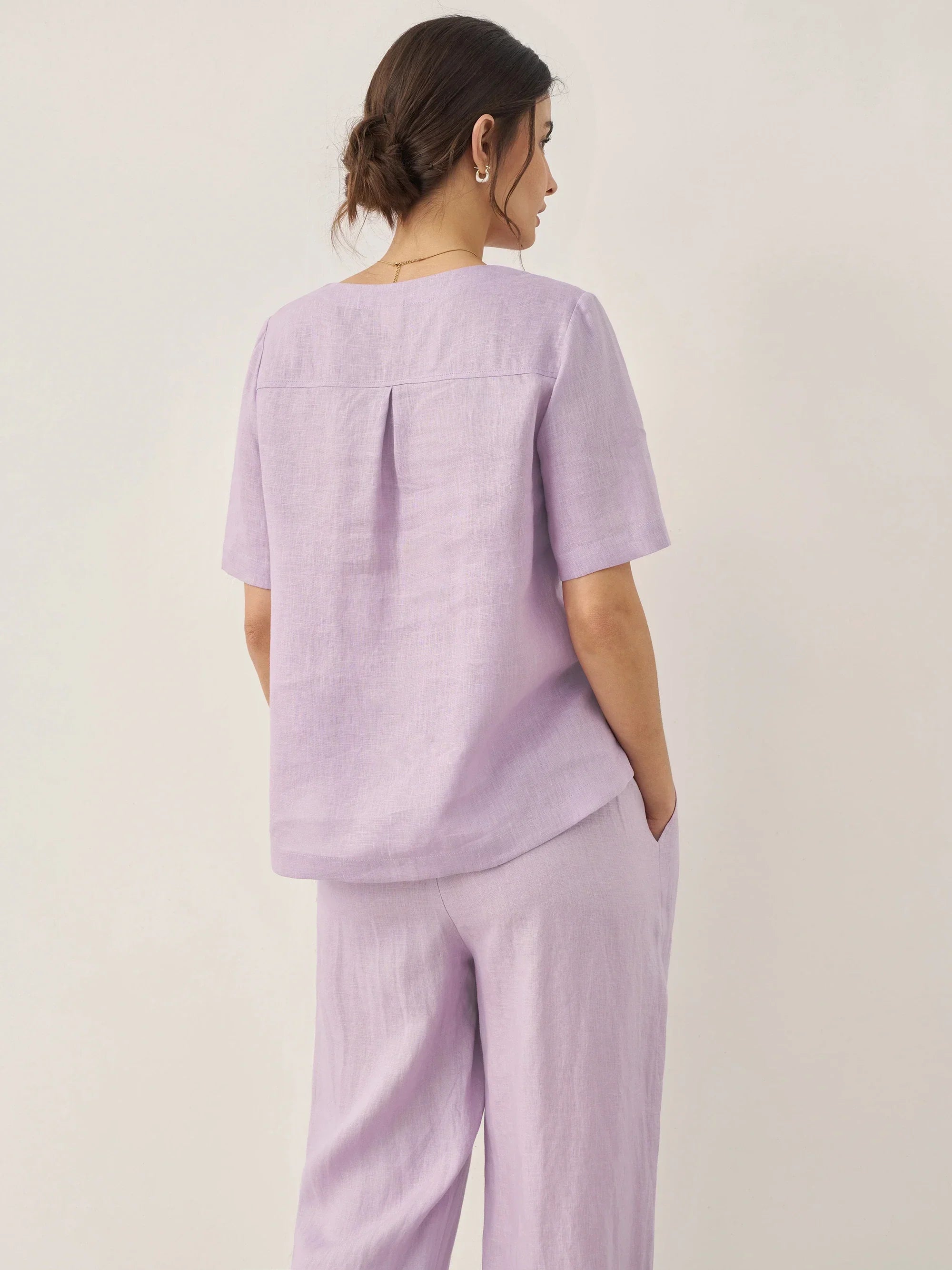 100% Linen Short-Sleeve Round Neck Button Detail Top & Pants Set SASHA