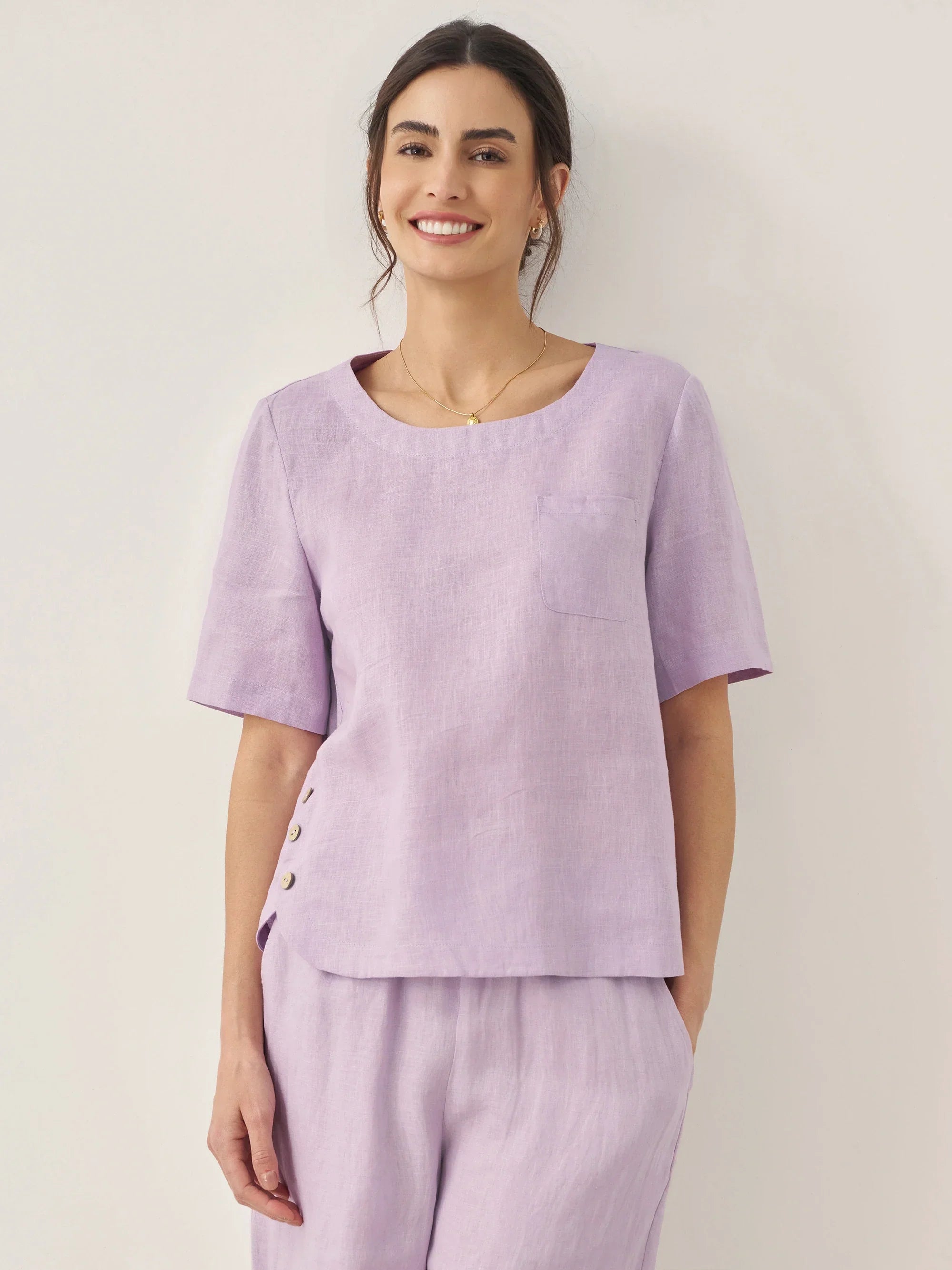 100% Linen Short-Sleeve Round Neck Button Detail Top & Pants Set SASHA