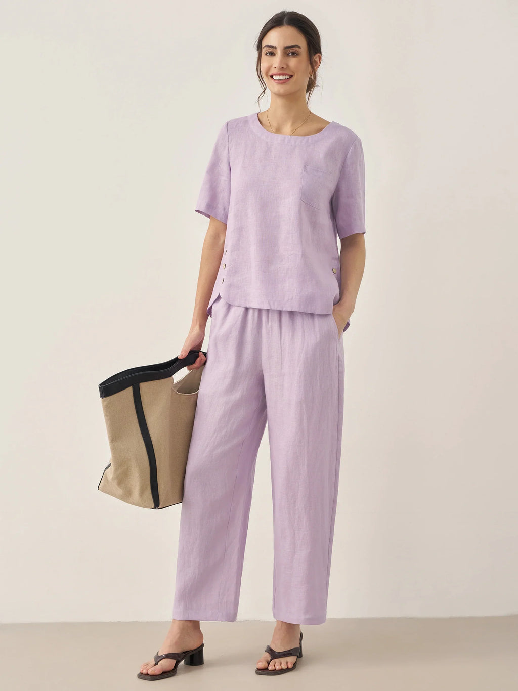 100% Linen Short-Sleeve Round Neck Button Detail Top & Pants Set SASHA