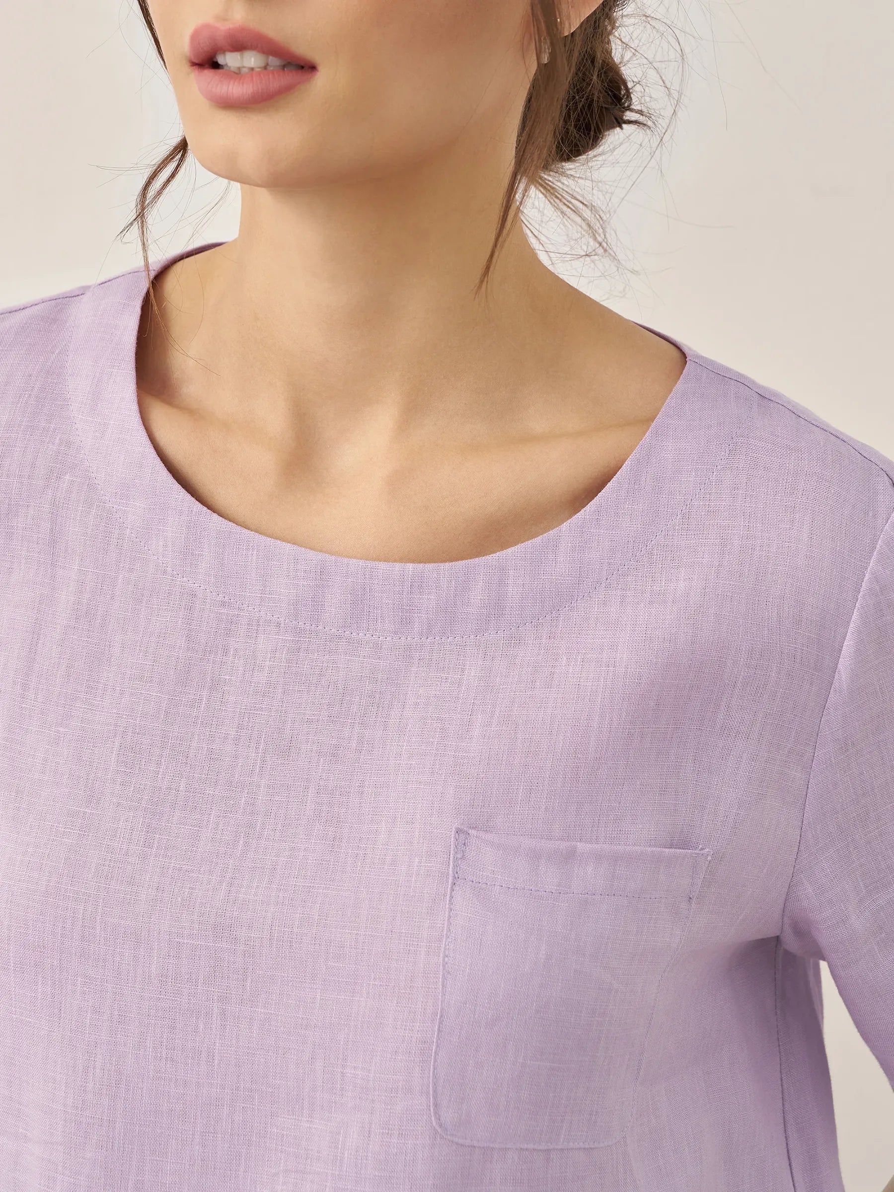 100% Linen Short-Sleeve Round Neck Button Detail Top & Pants Set SASHA