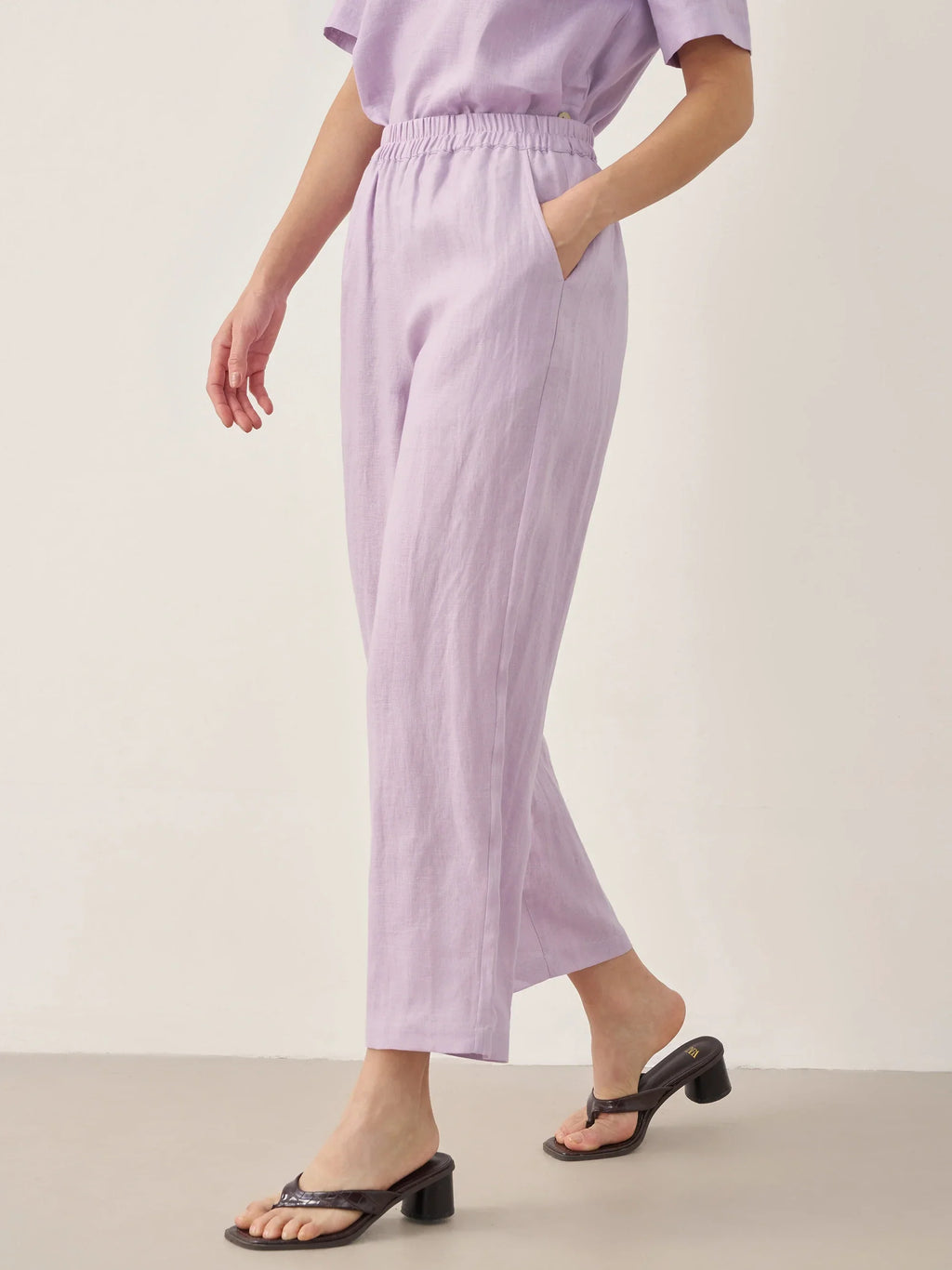 100% Linen Short-Sleeve Round Neck Button Detail Top & Pants Set SASHA
