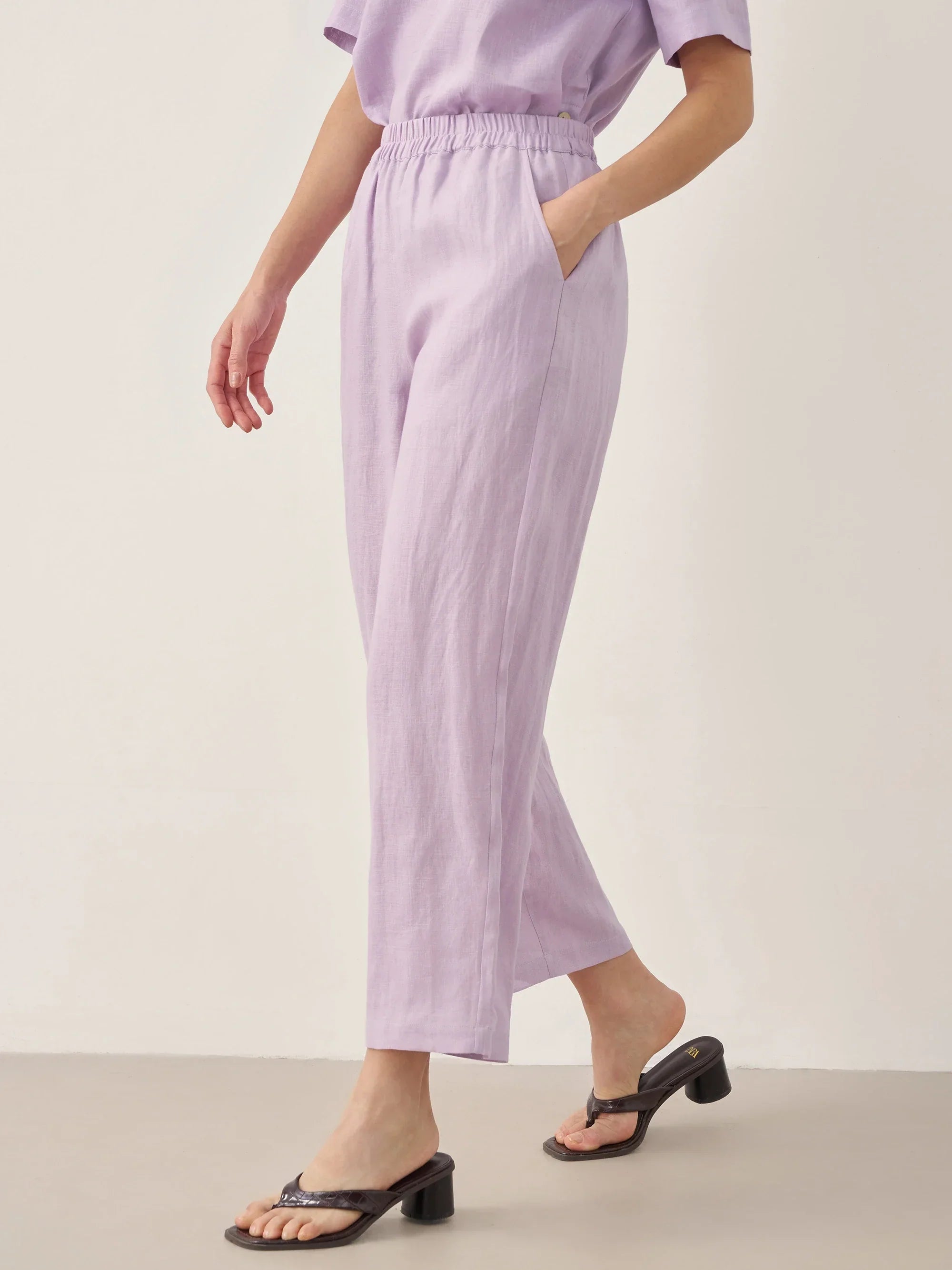 100% Linen Short-Sleeve Round Neck Button Detail Top & Pants Set SASHA