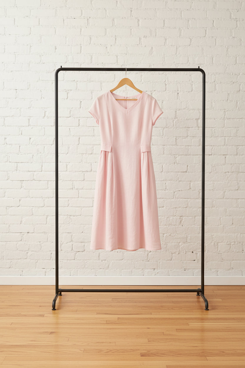 100% Linen Natural Summer V-Neck Dress ALEXA