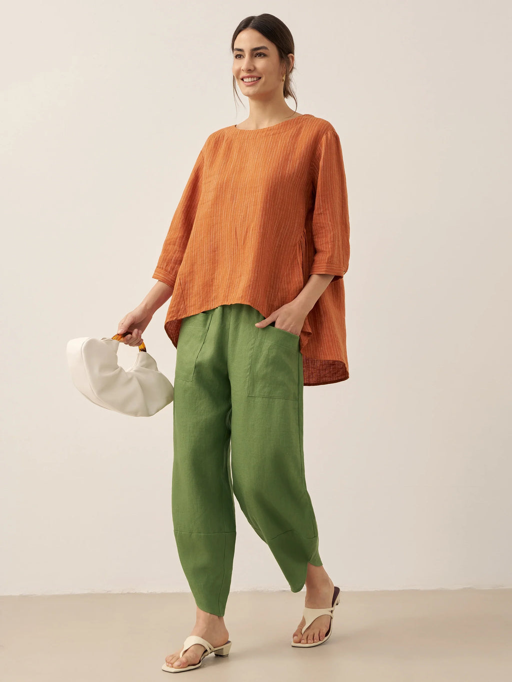 100% Linen Round Neck Artistic Stripe Top FLORENCE