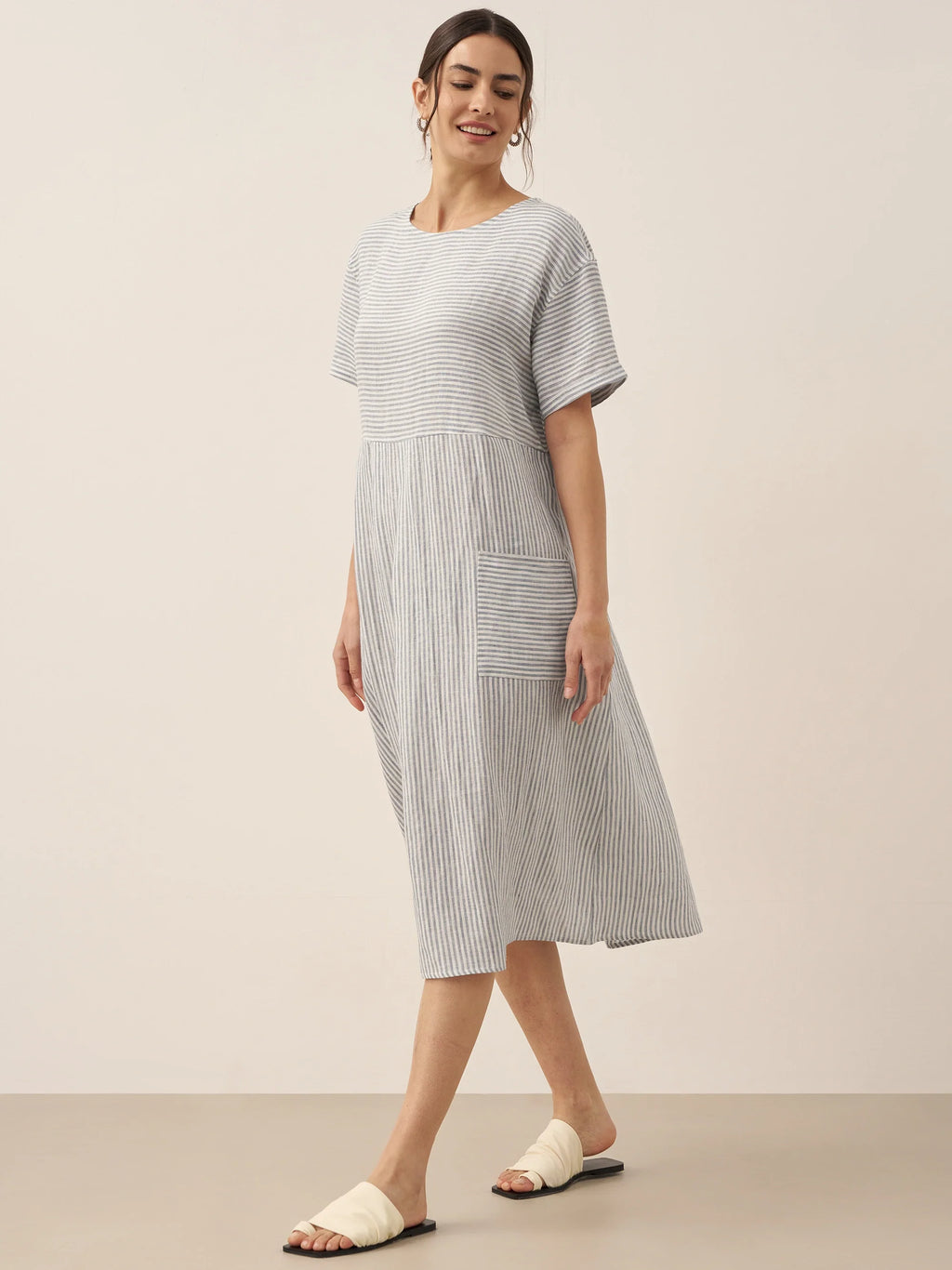 100% Linen Pinstripe Paneled Short-Sleeved Dress MORGAN