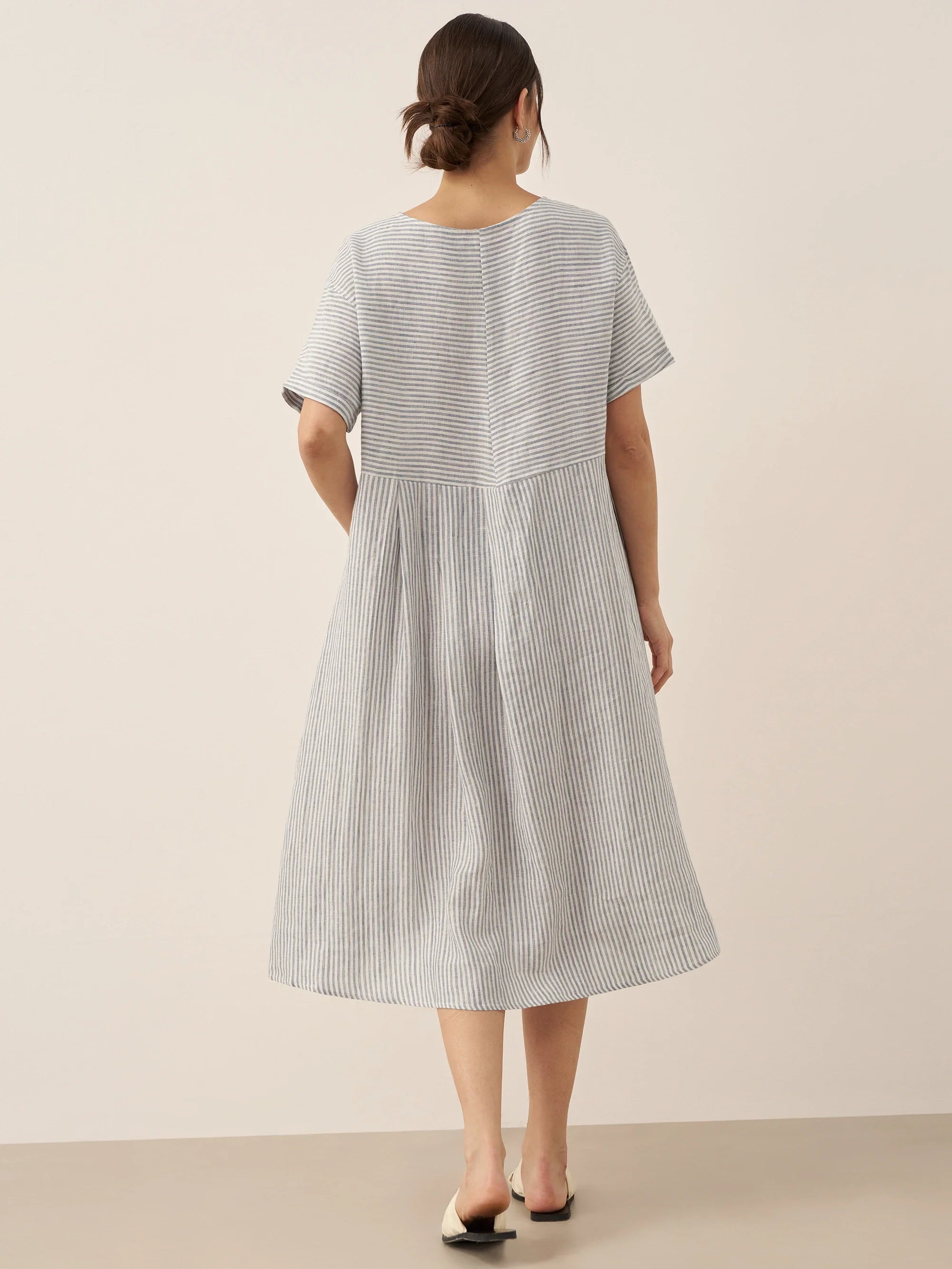 100% Linen Pinstripe Paneled Short-Sleeved Dress MORGAN
