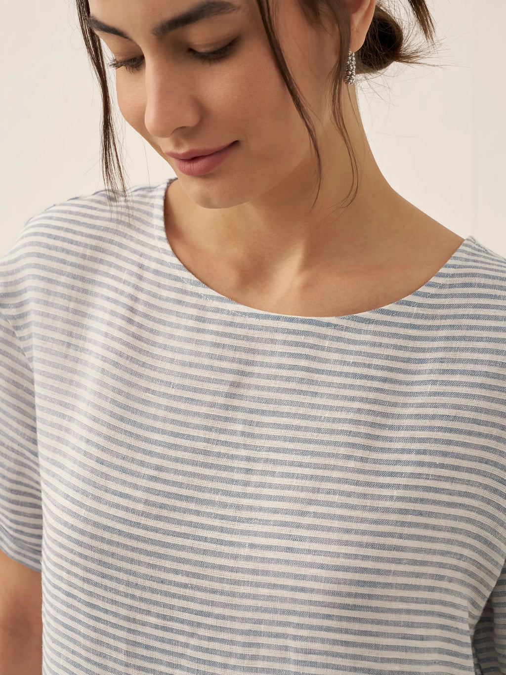 100% Linen Pinstripe Paneled Short-Sleeved Dress MORGAN