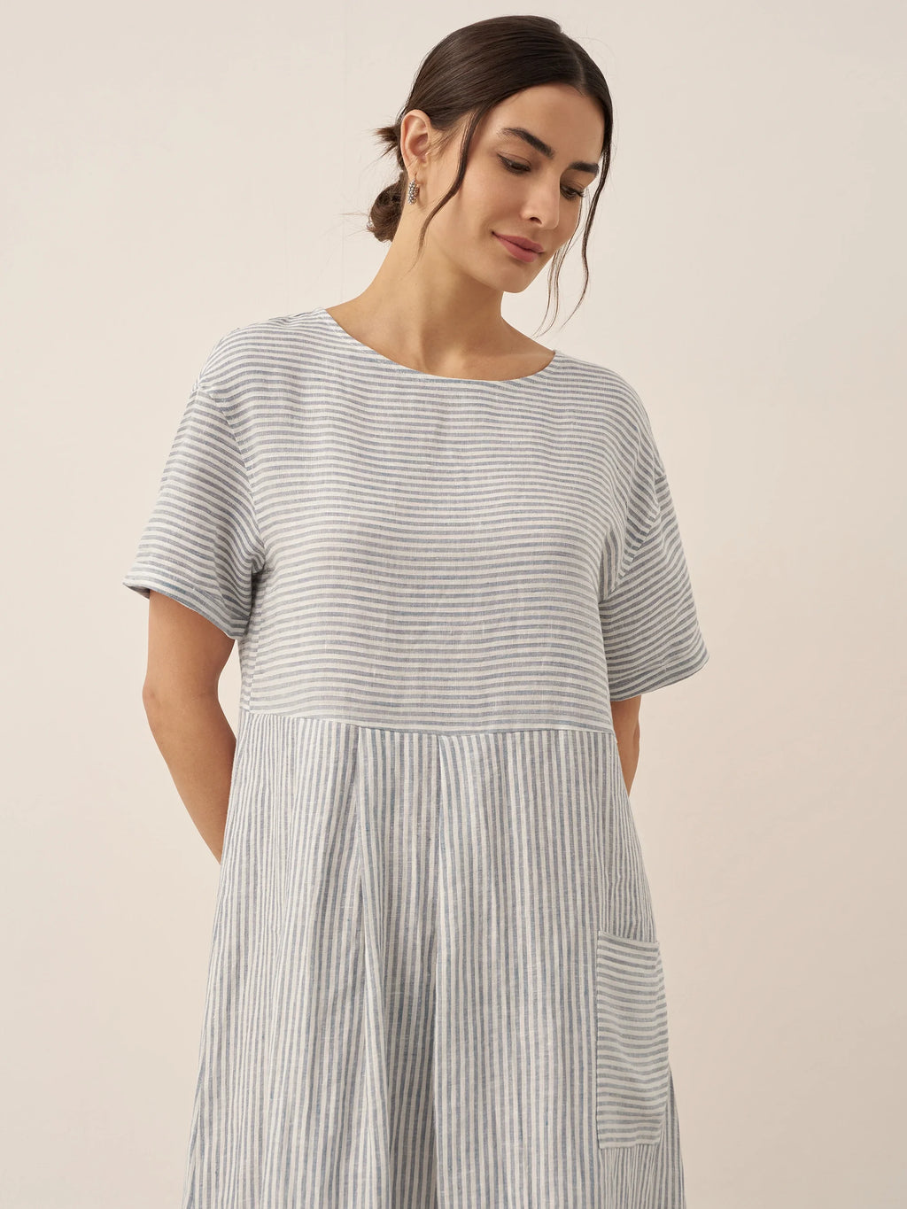 100% Linen Pinstripe Paneled Short-Sleeved Dress MORGAN