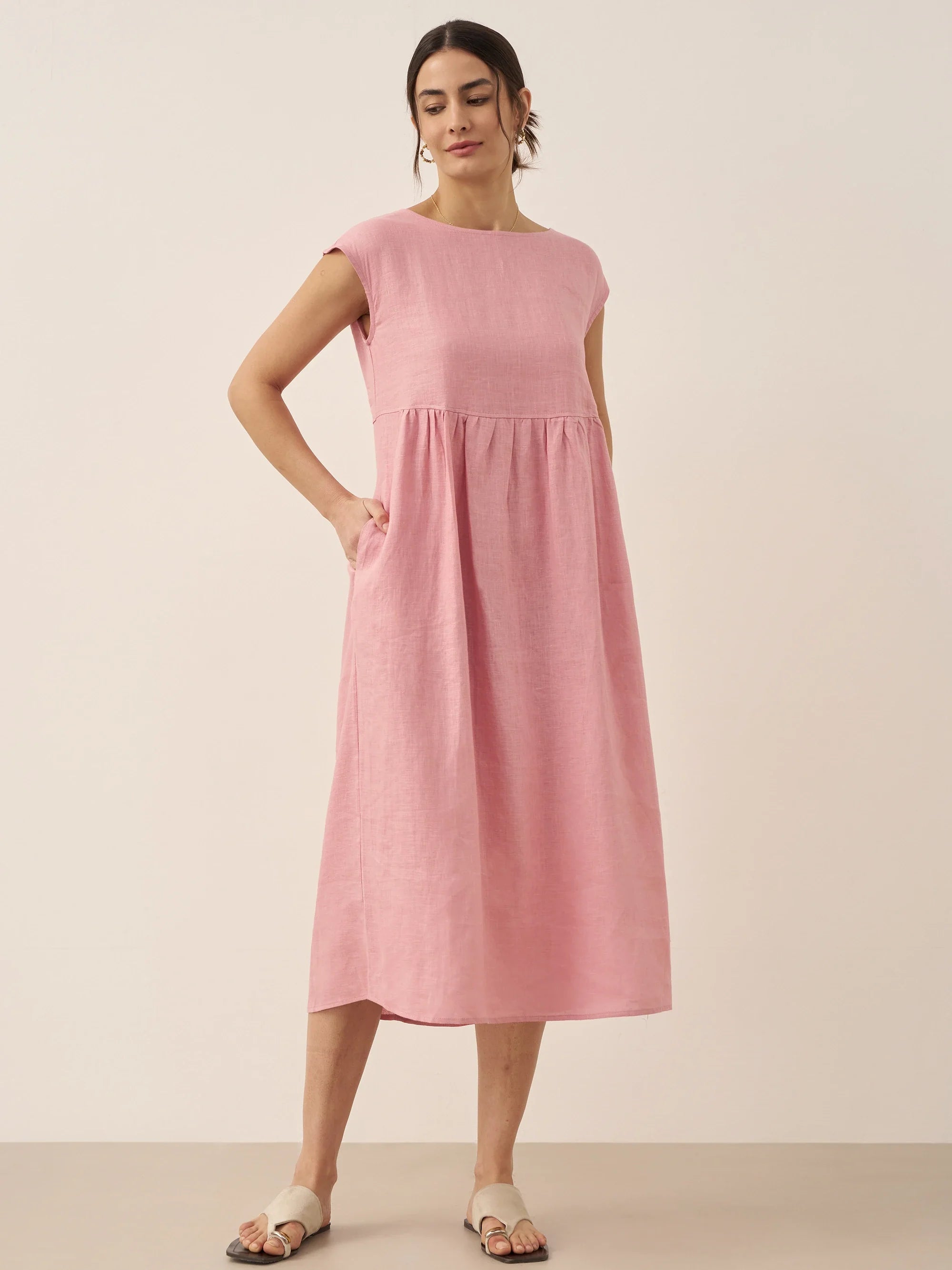100% Linen Cap Sleeve Washed Midi Dress JOAN