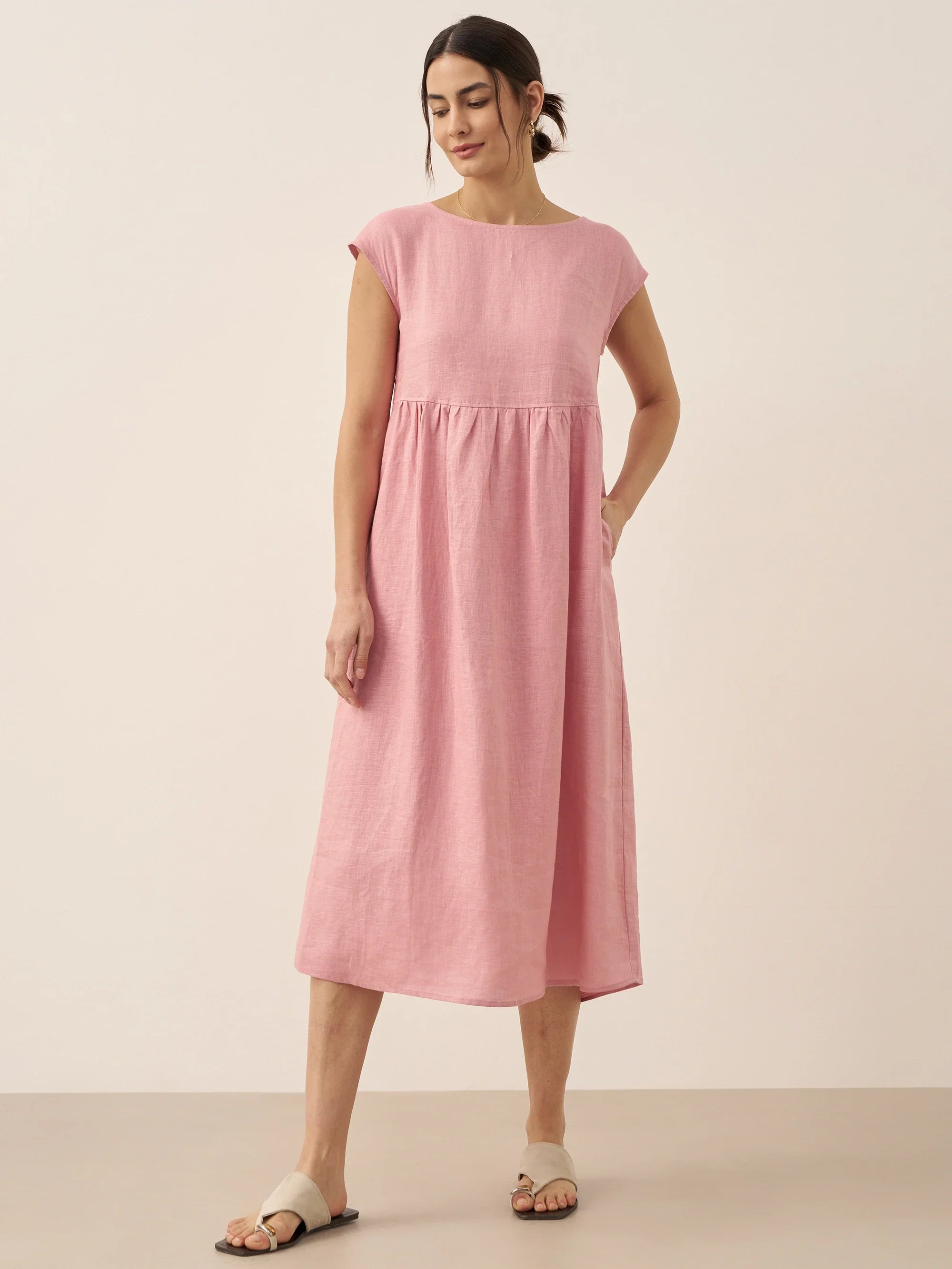 100% Linen Cap Sleeve Washed Midi Dress JOAN