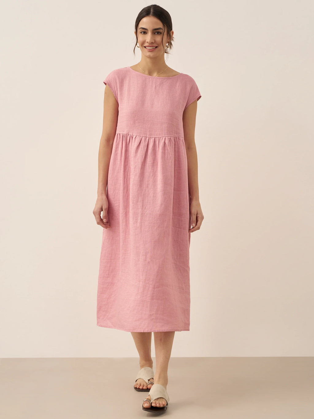 Linen Striped Cap Sleeve Washed Midi Dress JOAN