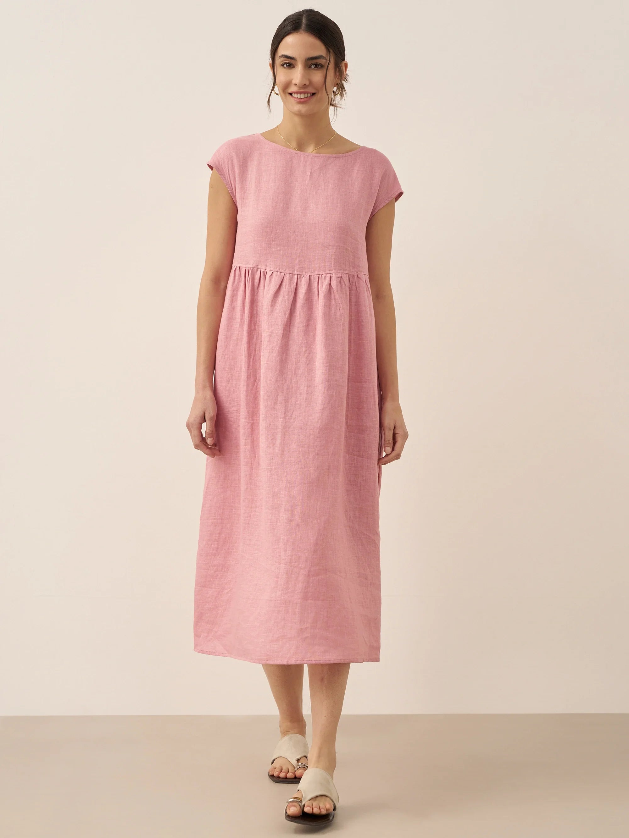 Linen Striped Cap Sleeve Washed Midi Dress JOAN