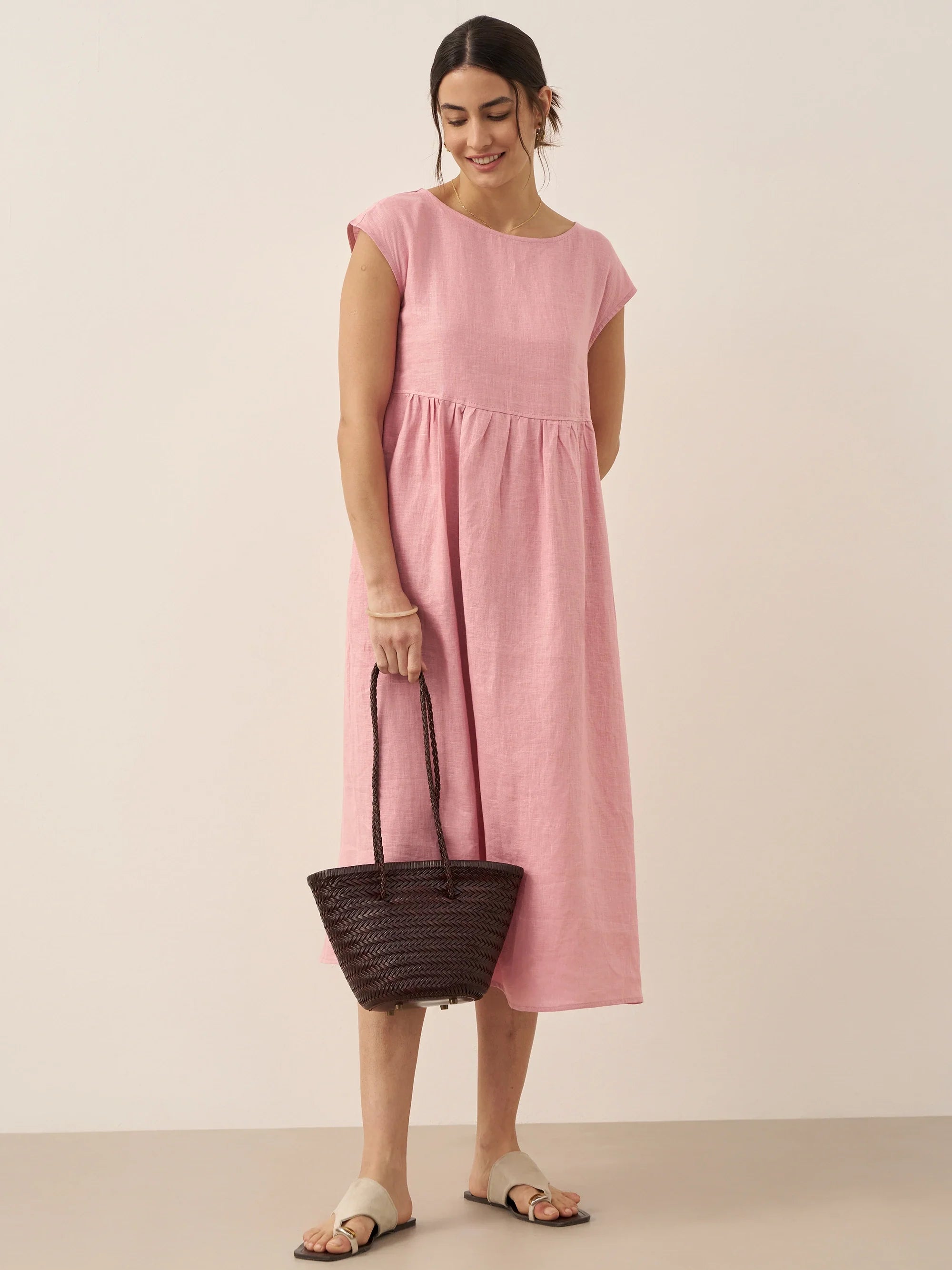 100% Linen Cap Sleeve Washed Midi Dress JOAN