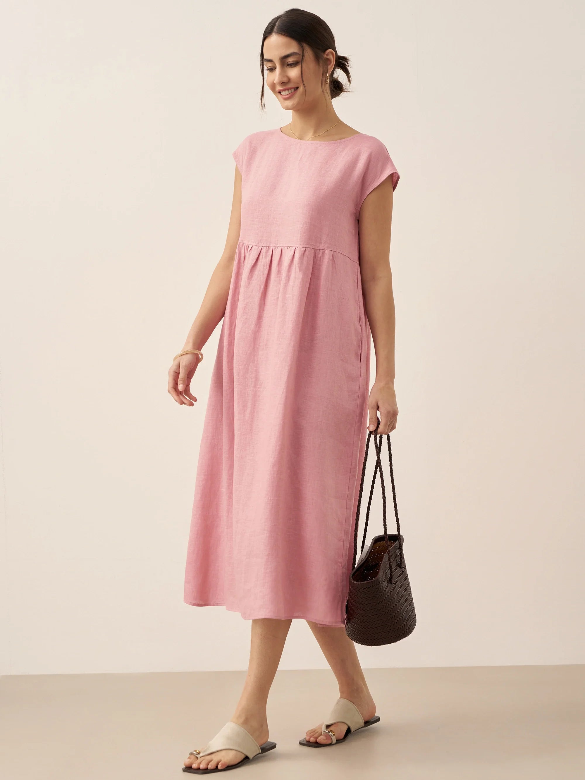 100% Linen Cap Sleeve Washed Midi Dress JOAN