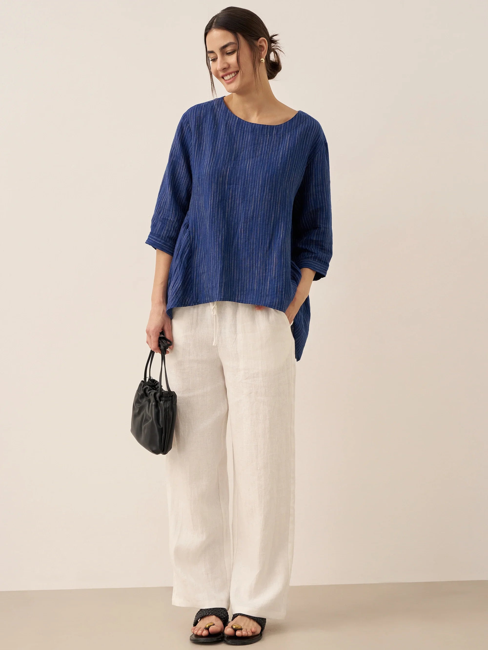 100% Linen Round Neck Artistic Stripe Top FLORENCE