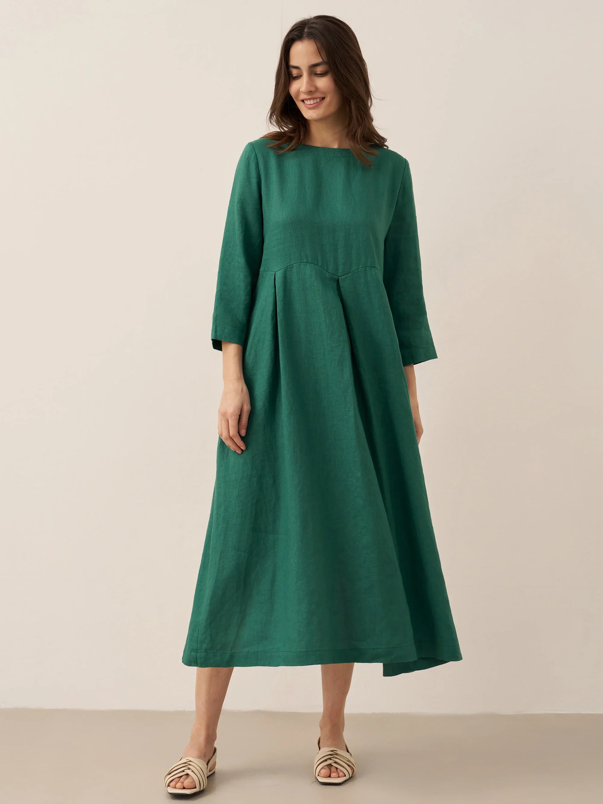 100% Linen Bateau Neck Pleated Midi Dress