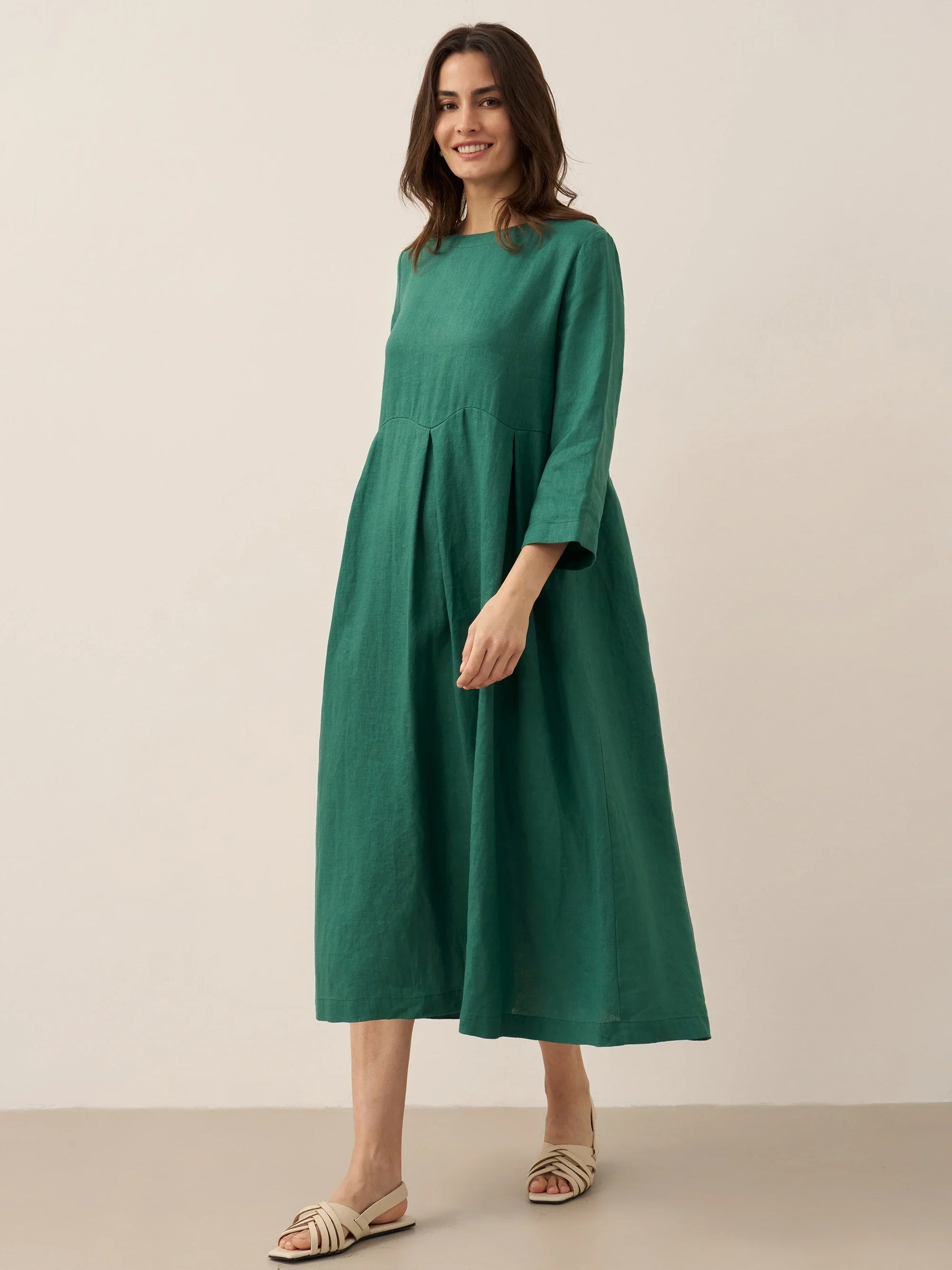 100% Linen Bateau Neck Pleated Midi Dress
