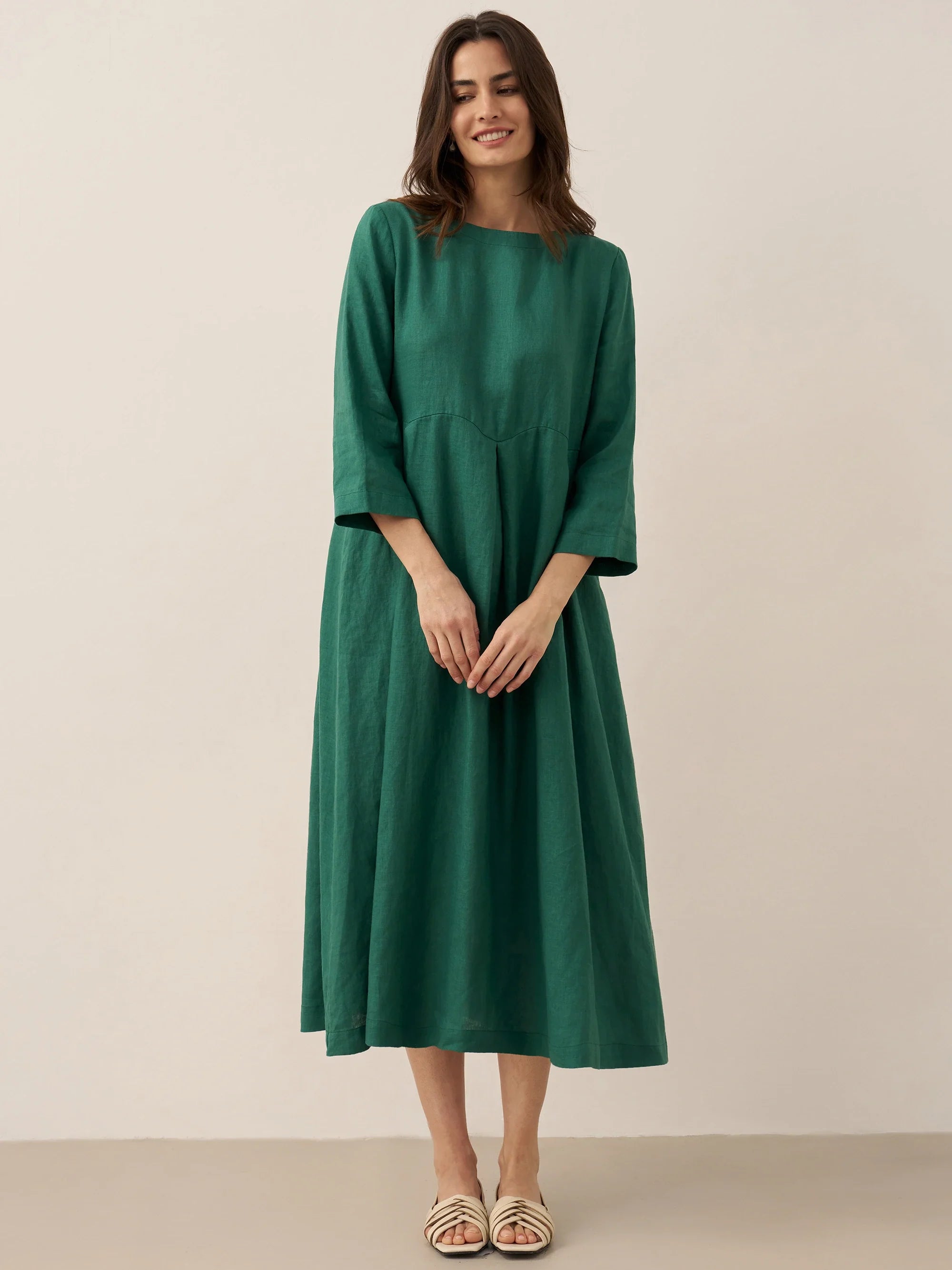 100% Linen Bateau Neck Pleated Midi Dress ABIGAIL