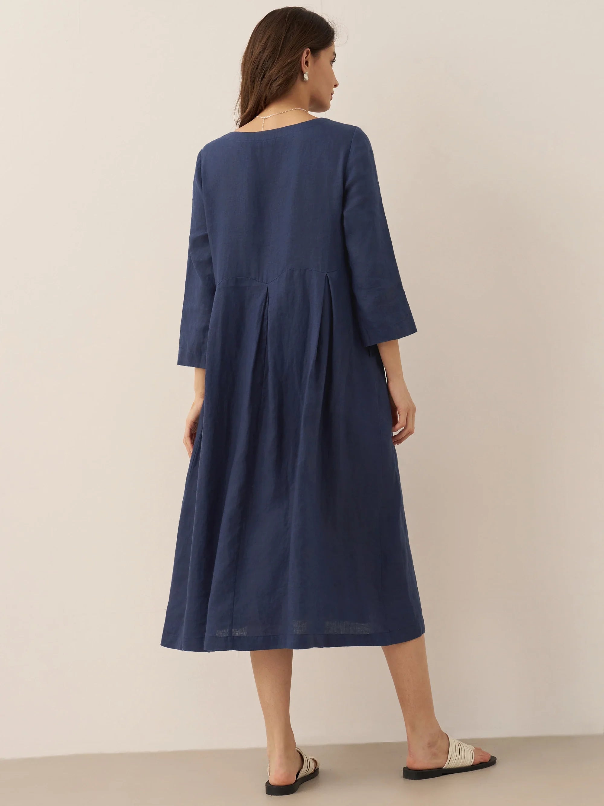 100% Linen Bateau Neck Pleated Midi Dress ABIGAIL
