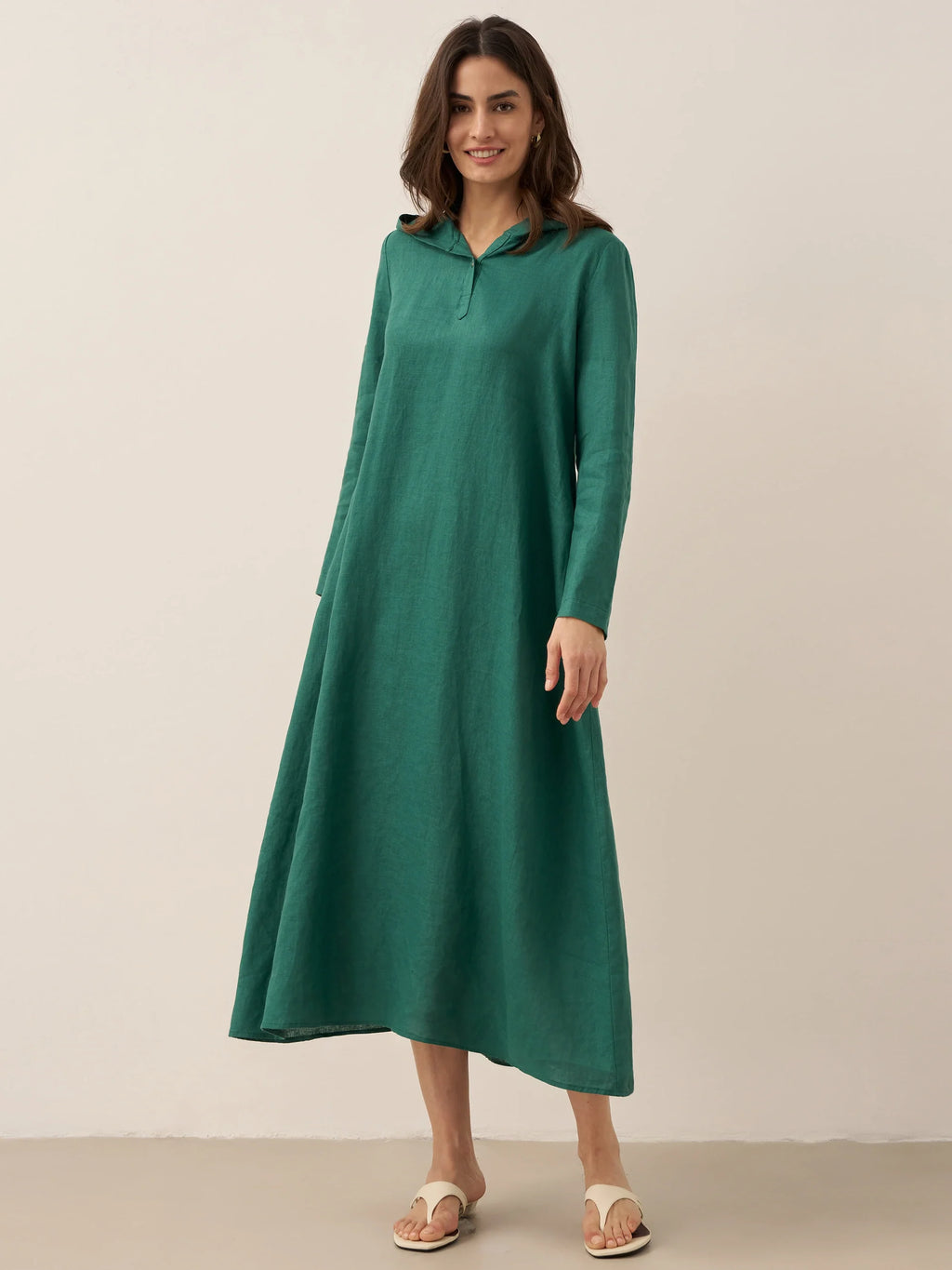 100% Linen Hooded Pullover Midi Dress REBECCA