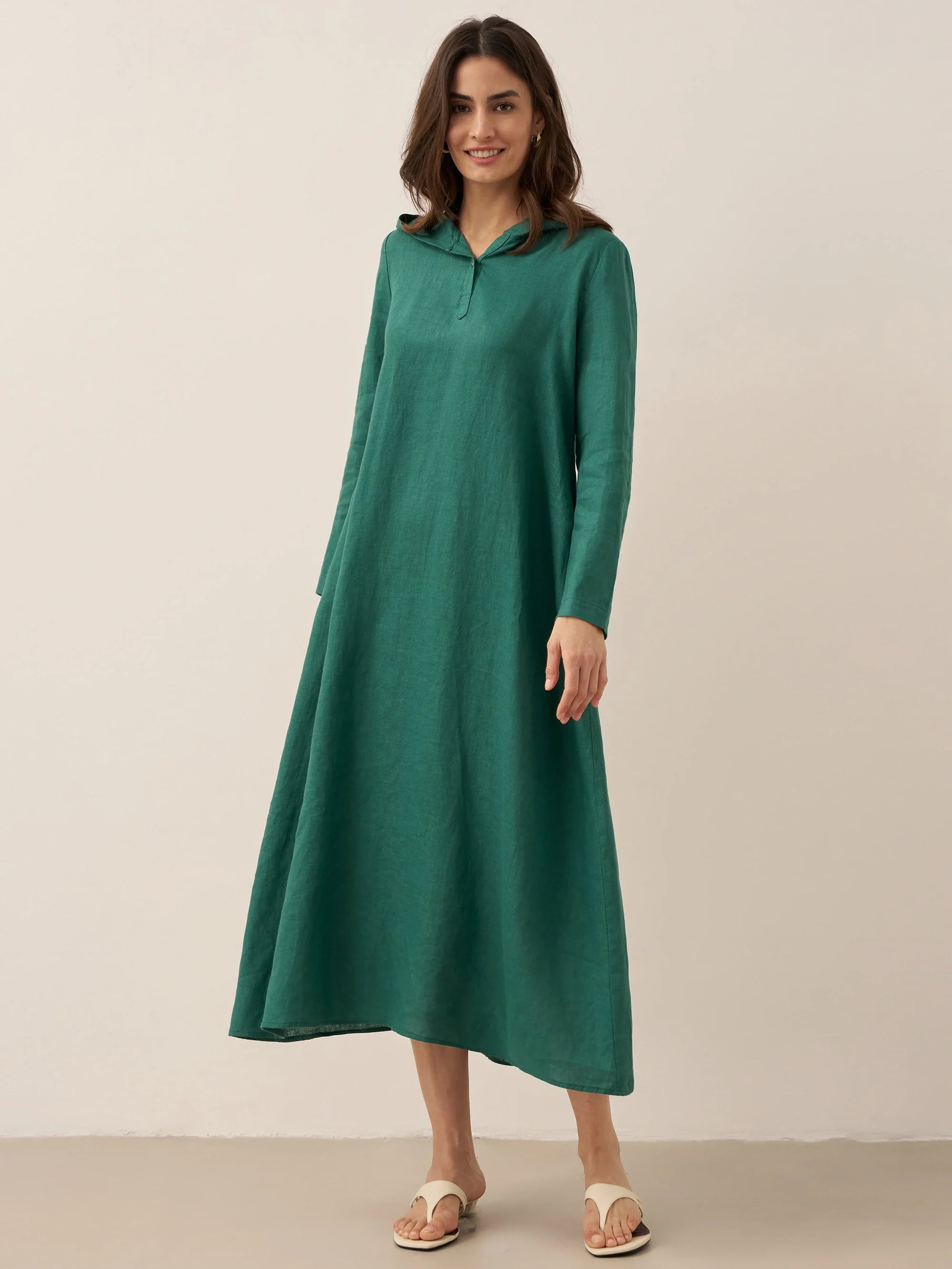 100% Linen Hooded Pullover Midi Dress REBECCA