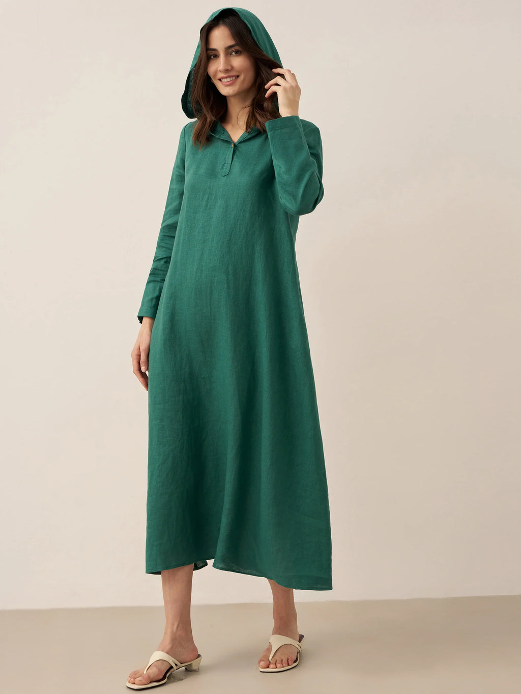 100% Linen Hooded Pullover Midi Dress REBECCA