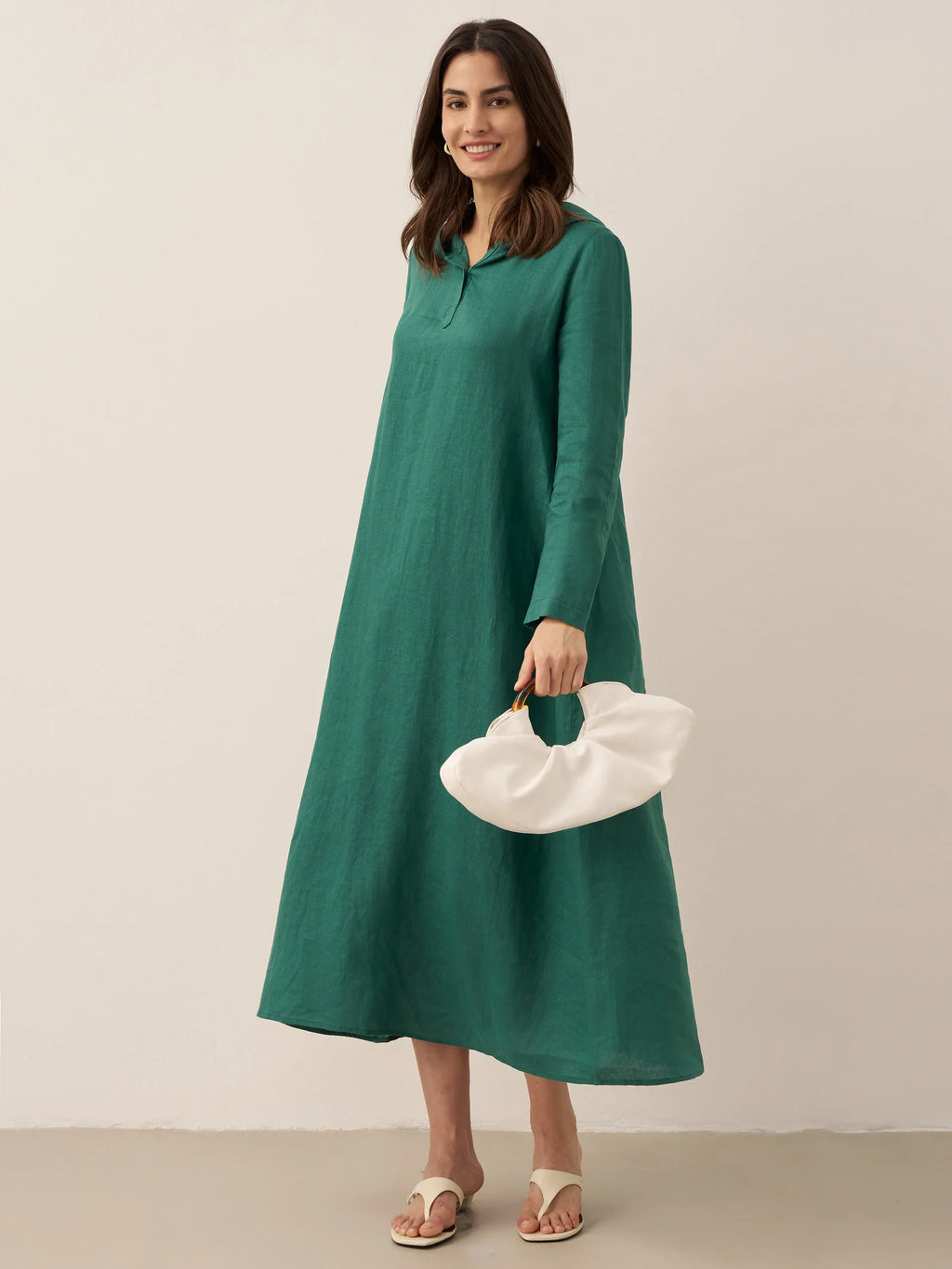 100% Linen Hooded Pullover Midi Dress REBECCA
