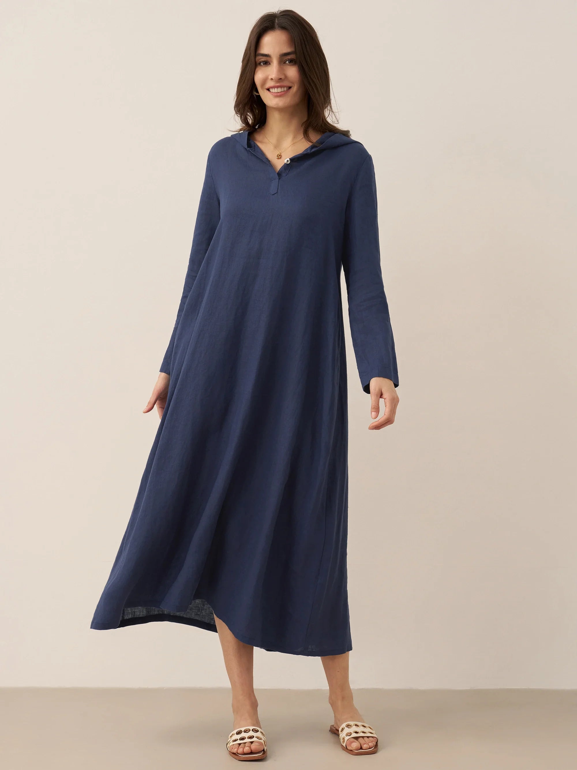 100% Linen Hooded Pullover Midi Dress REBECCA