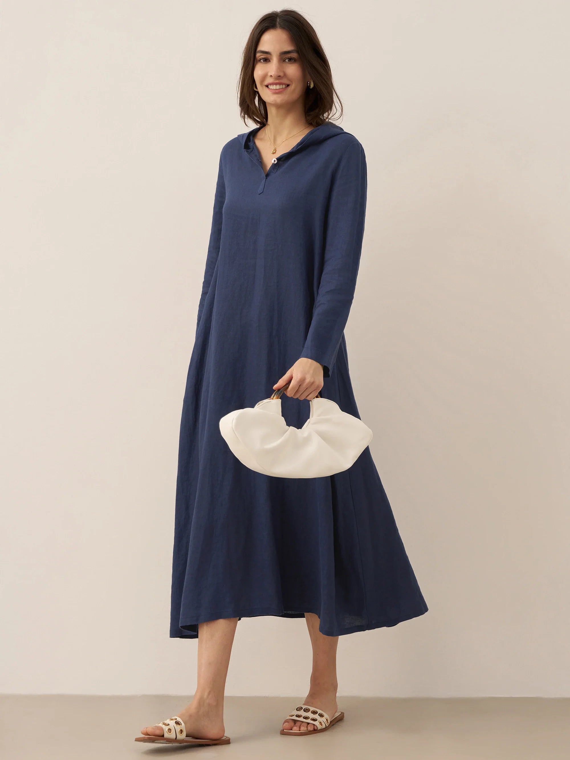 100% Linen Hooded Pullover Midi Dress REBECCA