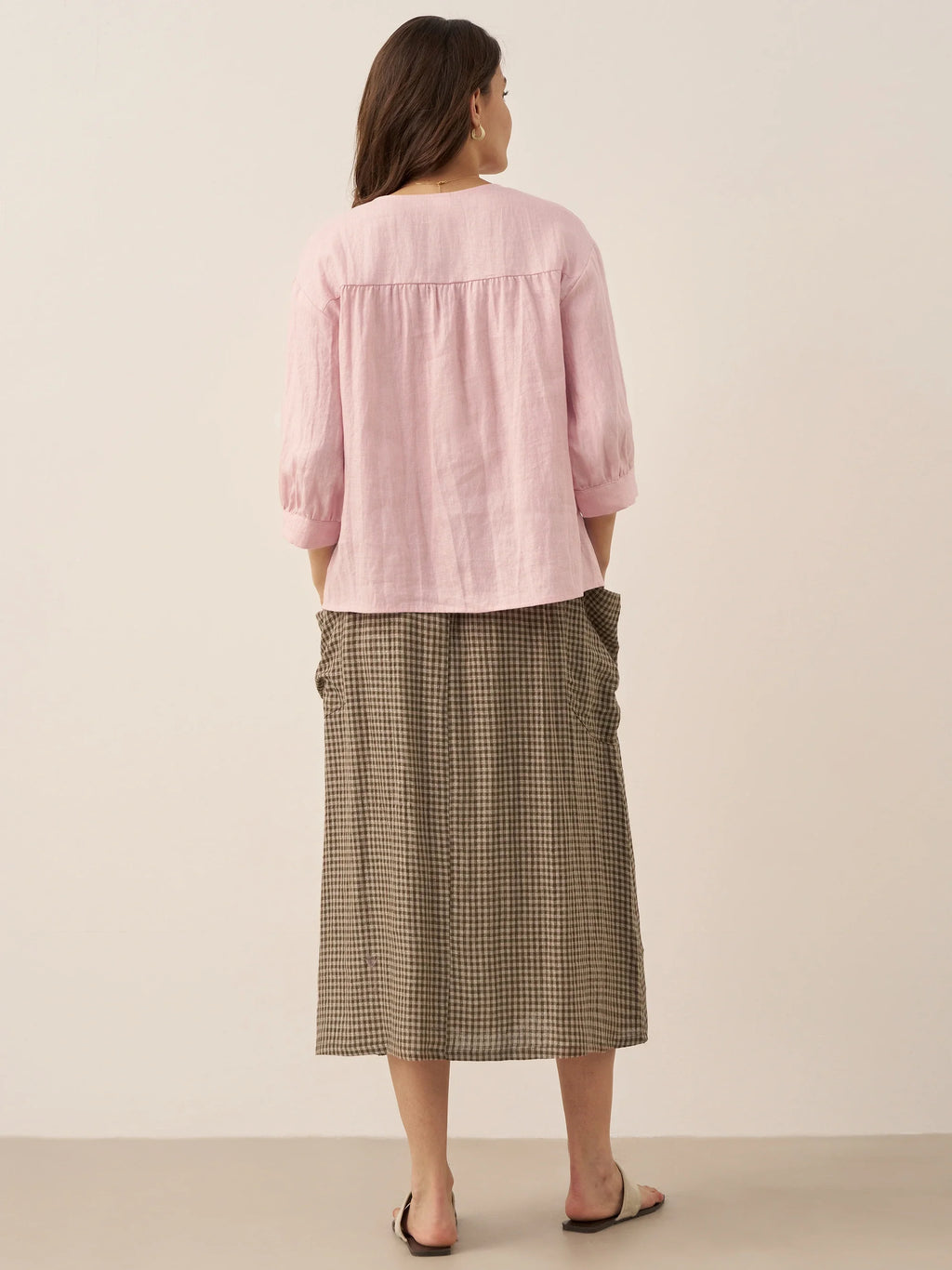 Linen Checked Elastic Waist Skirt MARINA