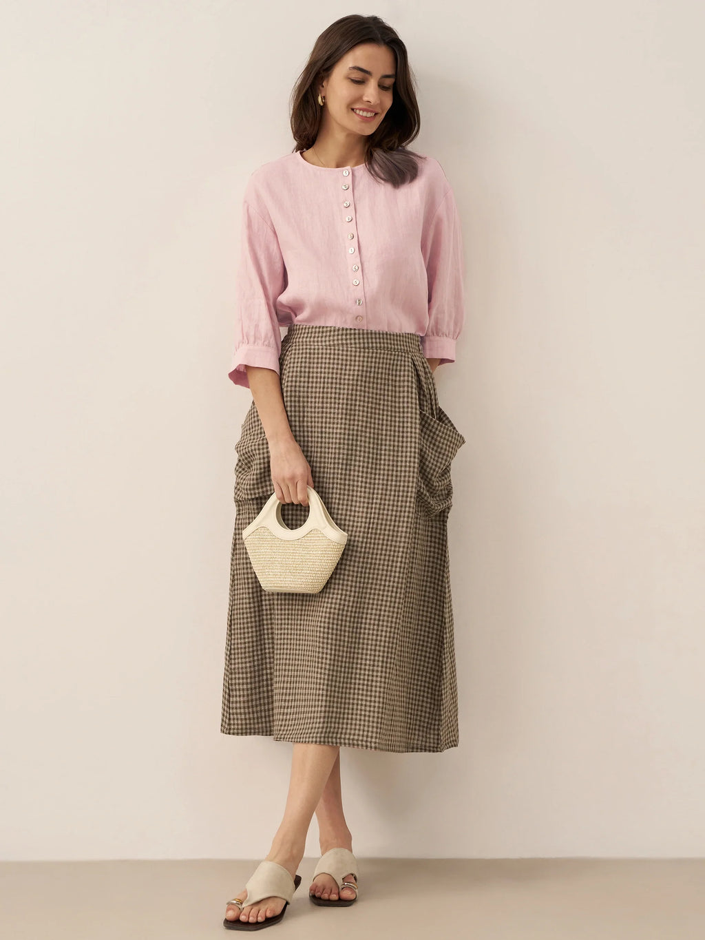 Linen Checked Elastic Waist Skirt MARINA