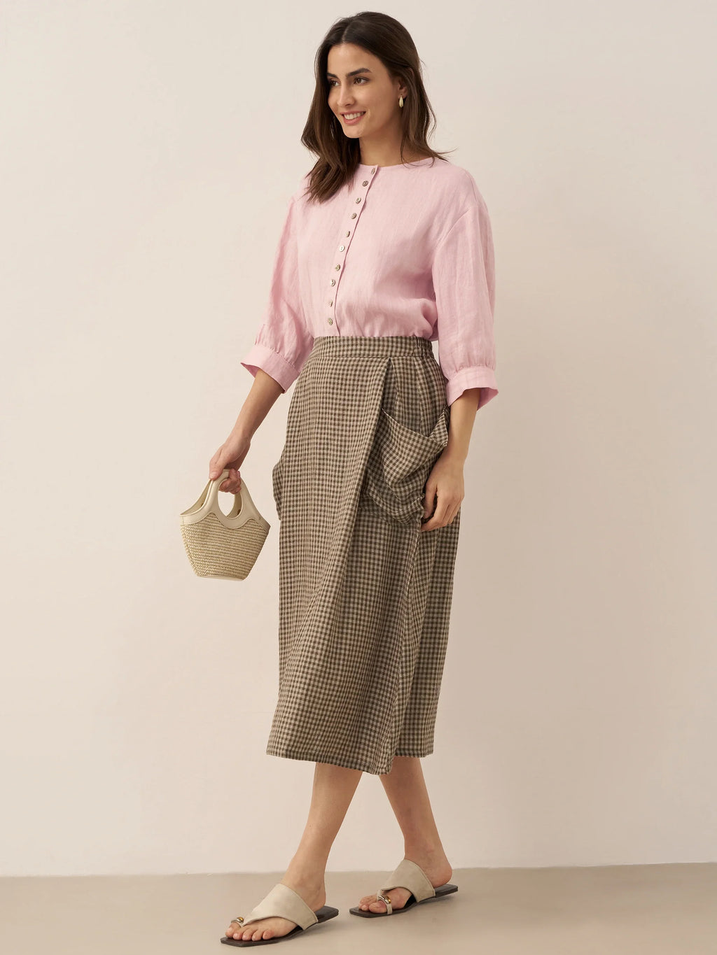 Linen Checked Elastic Waist Skirt MARINA