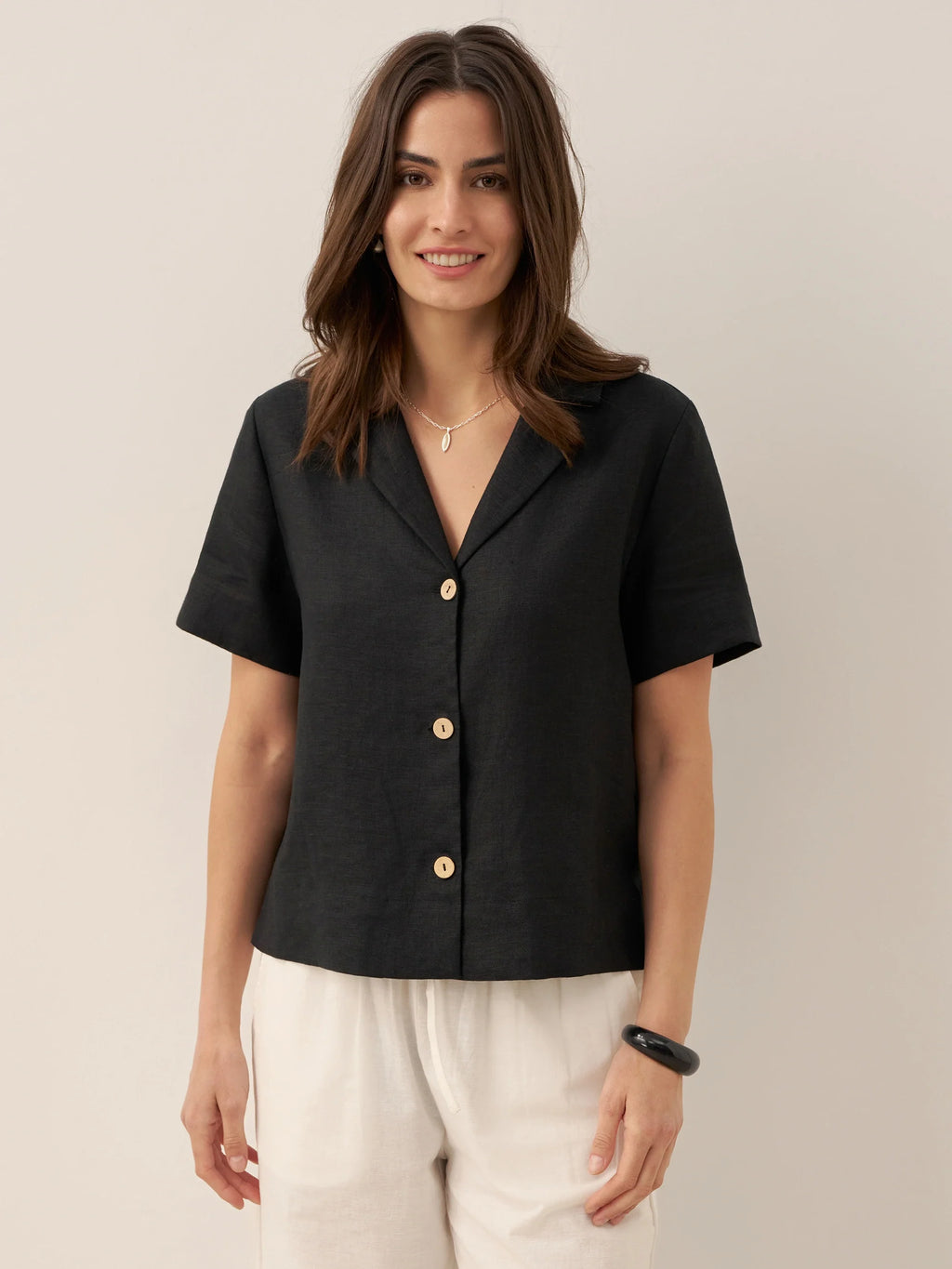 100% Linen Button-Up Short Sleeve Shirt ORENDA