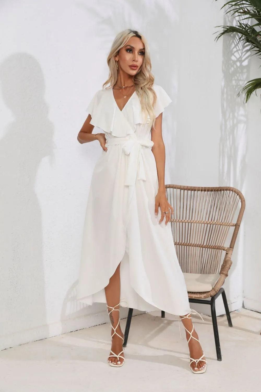Tied Front Ruffled Short Sleeve Midi Dress