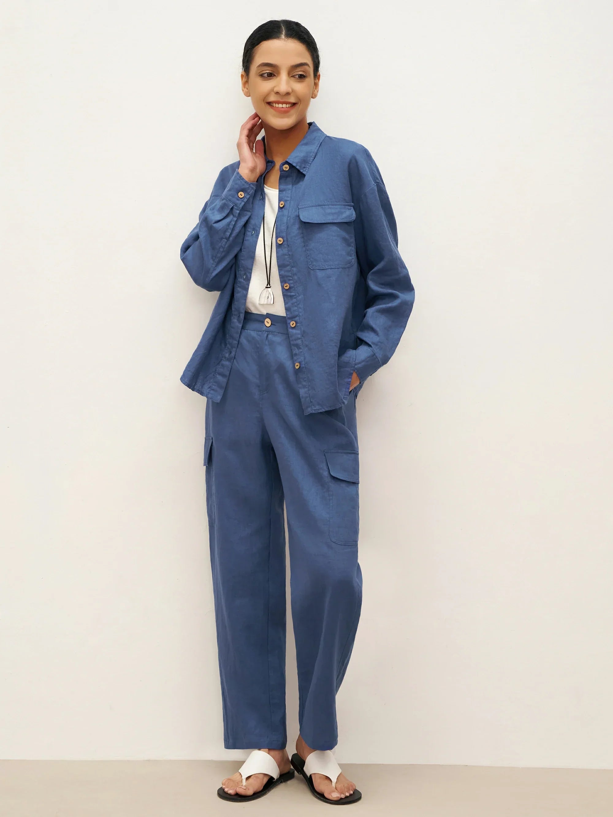 100% Linen Flap-Patch Buttoned Closure Shirt Jacket JANE